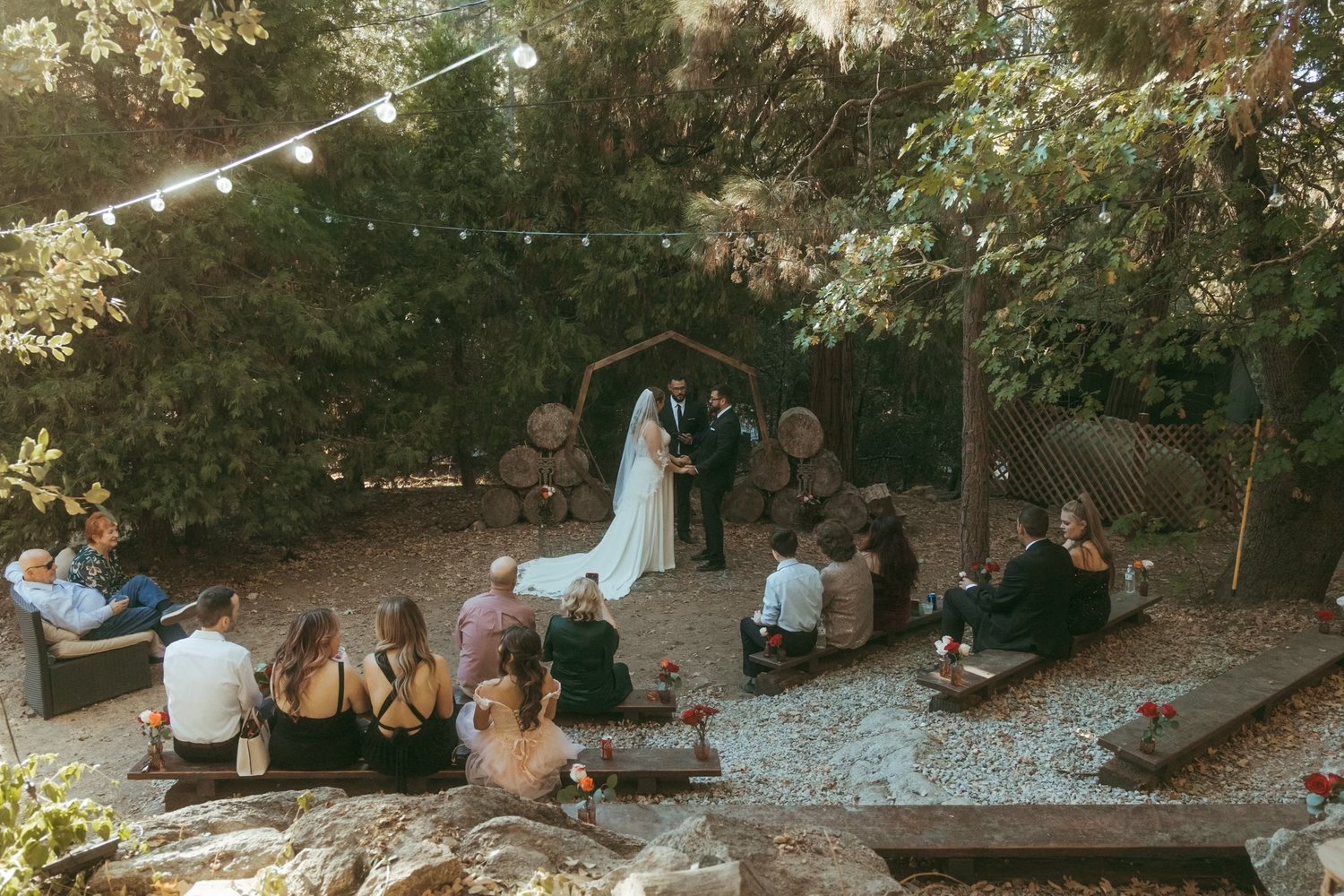 Outdoor forest amphitheatre set for a micro wedding at Faerie House Idyllwild venue in Idyllwild CA