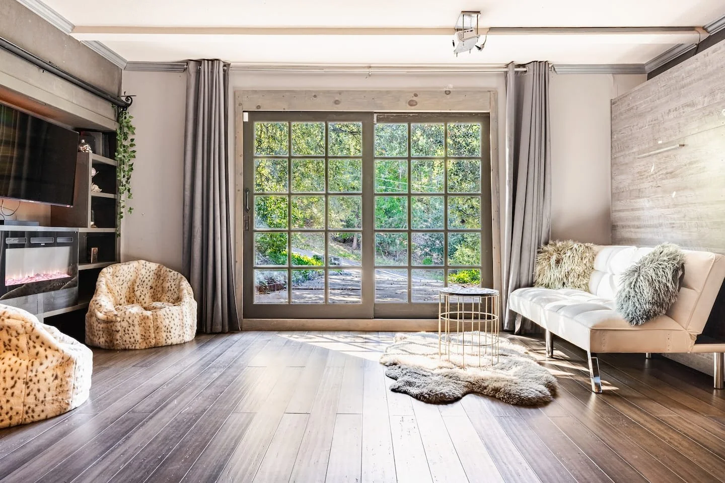 The Revel Room by day with yoga mats and forest light at Faerie House Idyllwild, a couple hours from LA