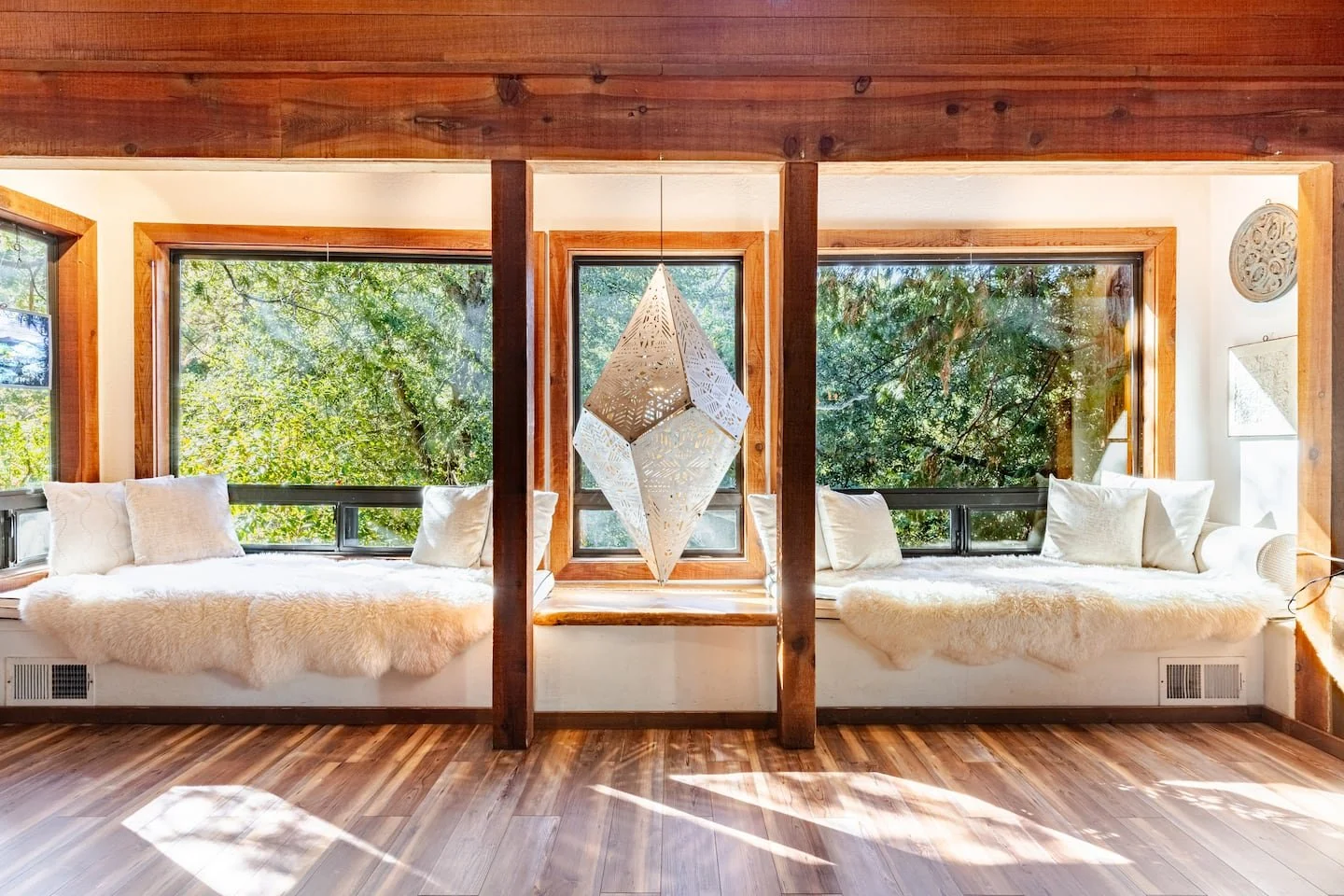 Hybycozo geometric lantern art installation casting patterned light at Faerie House Idyllwild