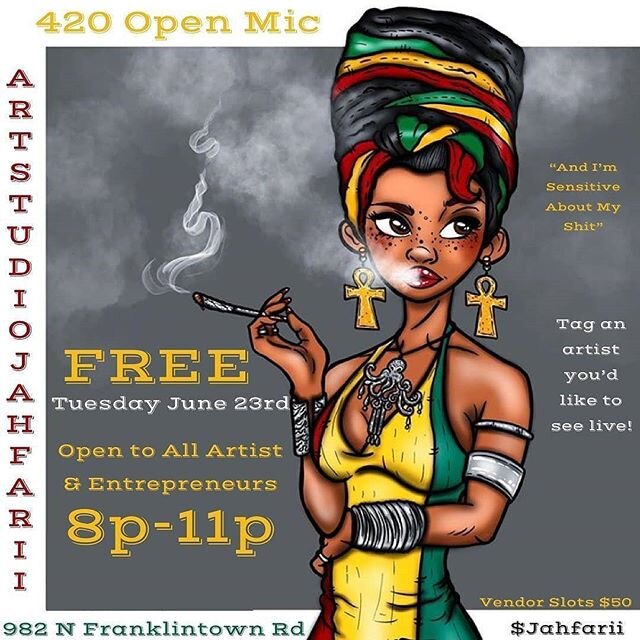 2 questions: Who has new music? Are you ready to perform?

420 Artistry is Back TONIGHT!
.
Open Mic 🎤
.
Free to all artist and entrepreneurs ✨
.
Promote your business and artistry as freely as you like 🎤
.
Shop @jahfariibeads &amp; @hennithetruesto