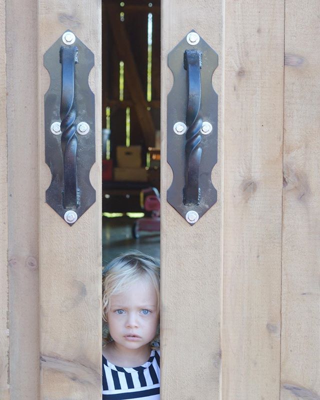 Close up of the hand-forged iron handles on western red cedar barn doors (and a little cutie peeking out).