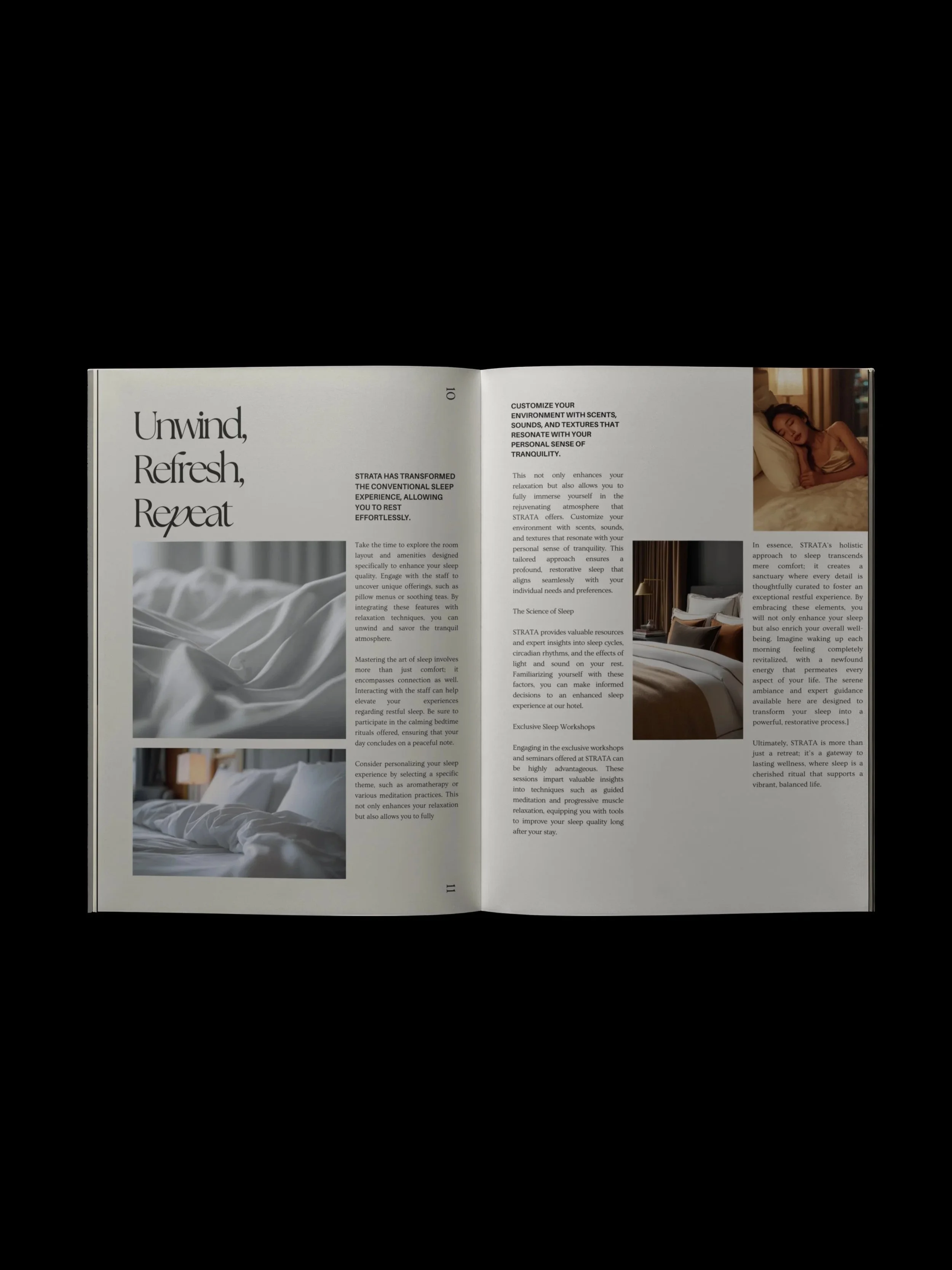 Open magazine pages with text about sleep experience and relaxation techniques, including images of a bed and a woman resting in bed.