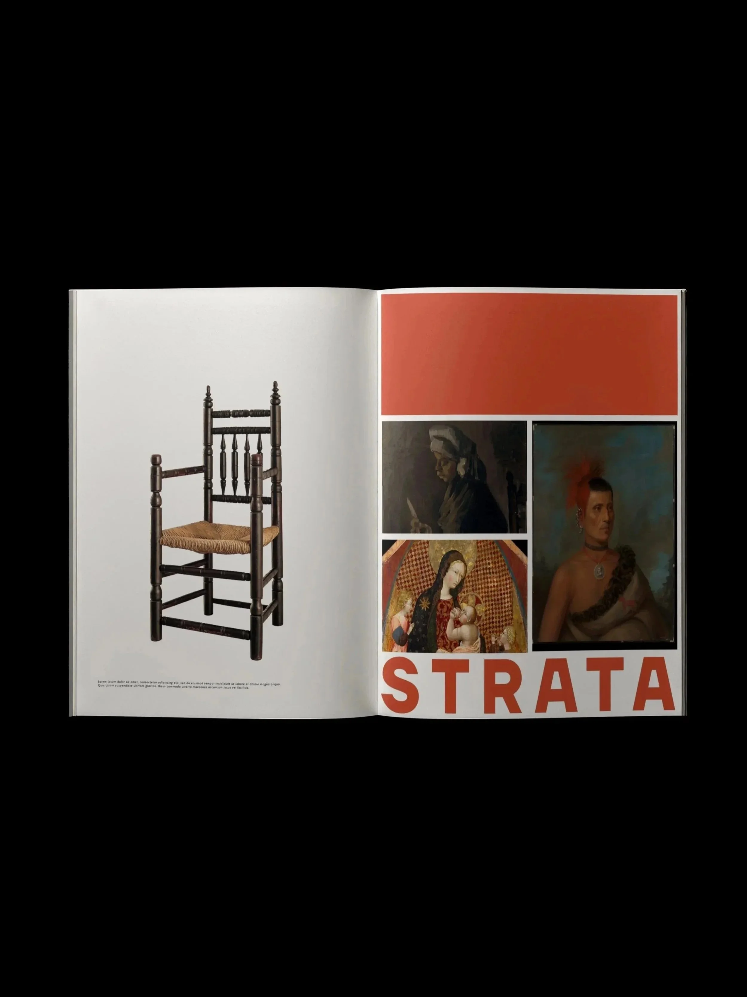 Open magazine showing a wooden chair with a woven seat on the left page; on the right page, a red block at the top, three portraits of women in historical attire, and the word "STRATA" in large red letters at the bottom.