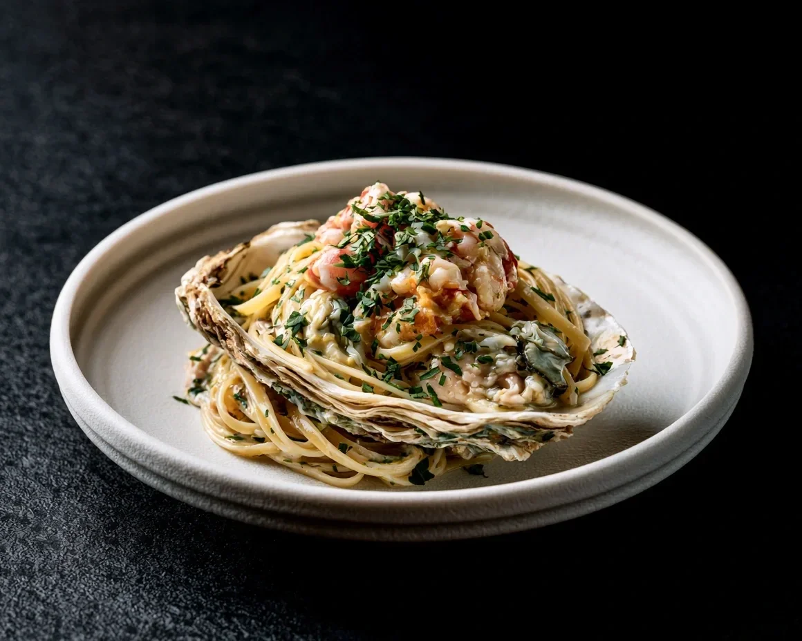 Linguine pasta with seafood, topped with chopped herbs, served in a shell-shaped dish on a gray plate.