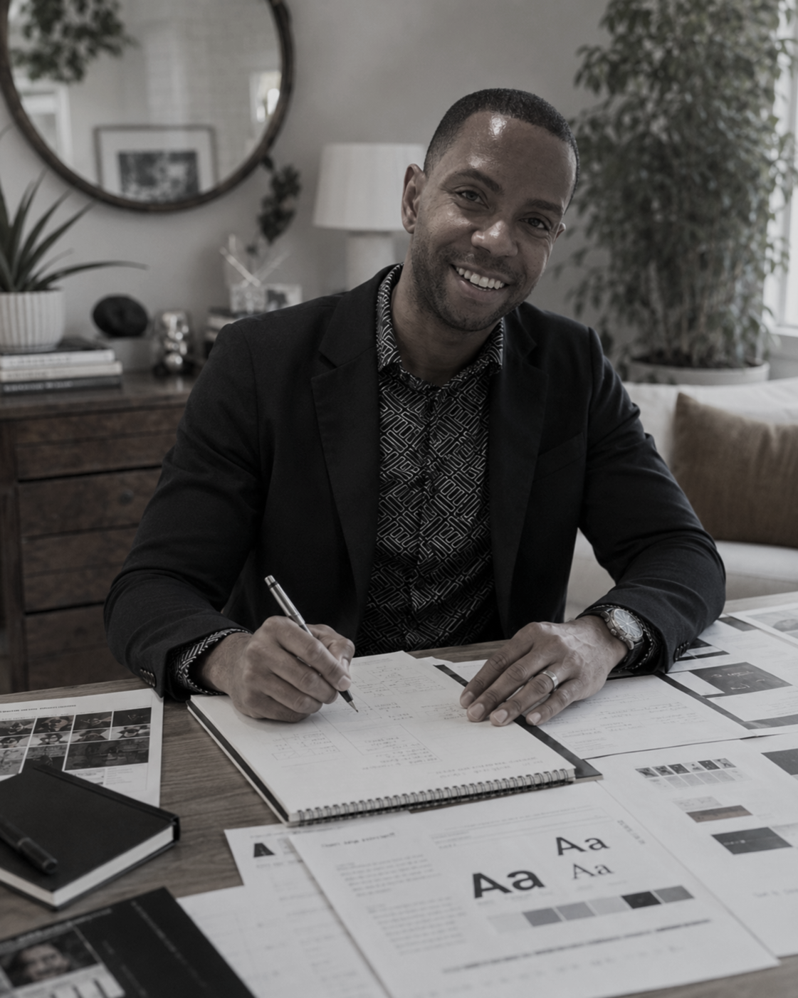 Man in a blazer sitting at a desk with sketchbooks and papers, smiling, in a modern, well-lit office setting with plants and framed photos in the background.