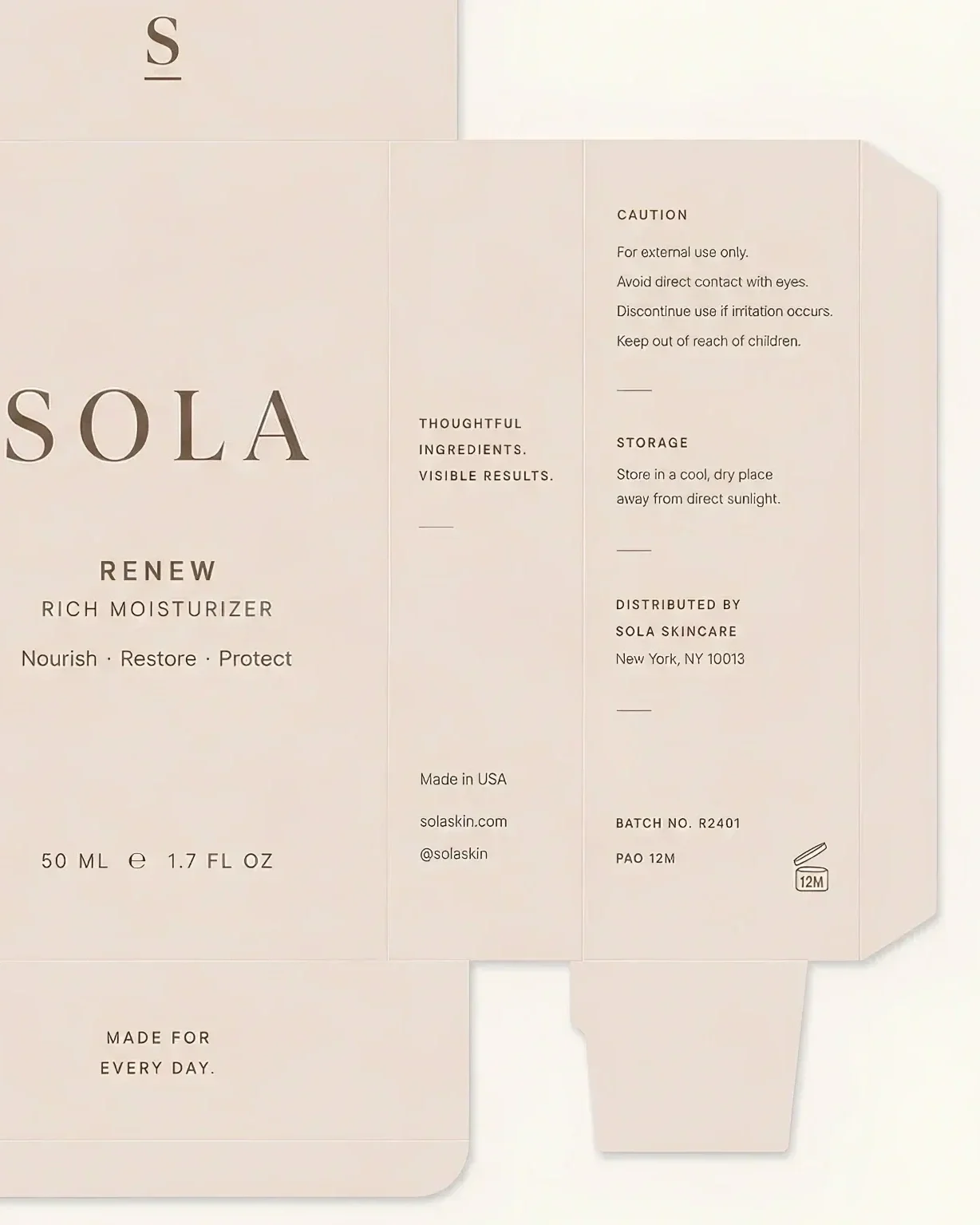 The packaging of a skincare product named Sola, labeled as a rich moisturizer for nourishing, restoring, and protecting the skin. The front mentions it's made in the USA and has a volume of 50 ml or 1.7 fl oz. The side contains usage and storage instructions, distributor information, and batch number. It also includes a symbol indicating a 12-month shelf life after opening.