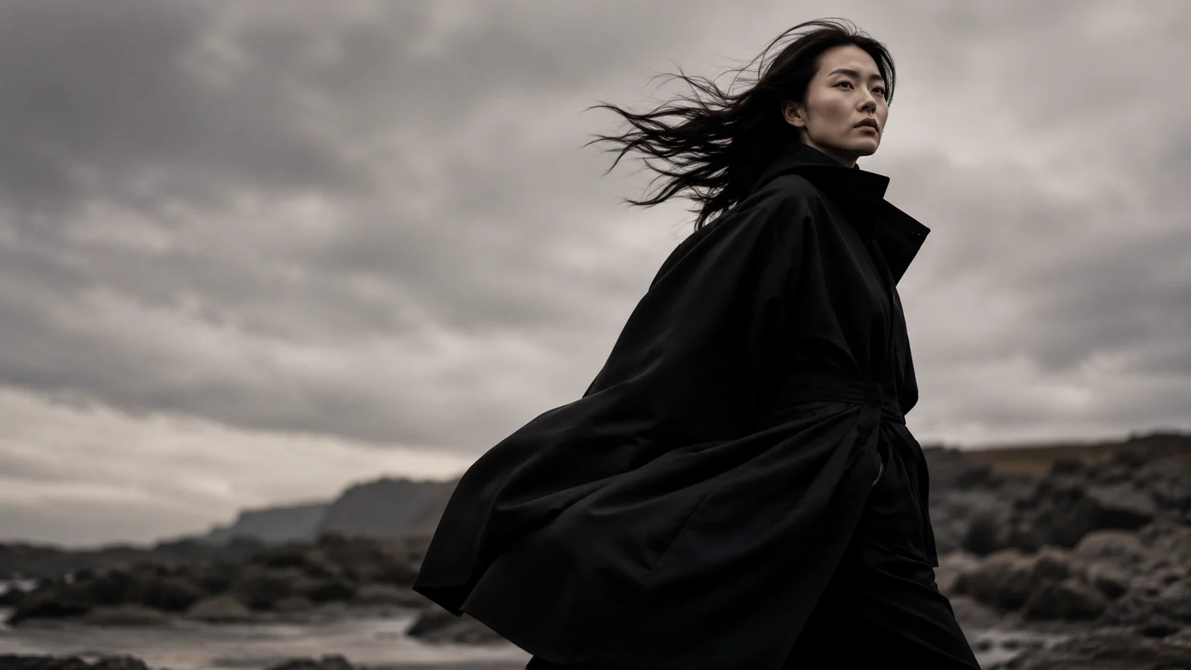 A woman with long hair wearing a black coat standing on a rocky shoreline under a cloudy sky.