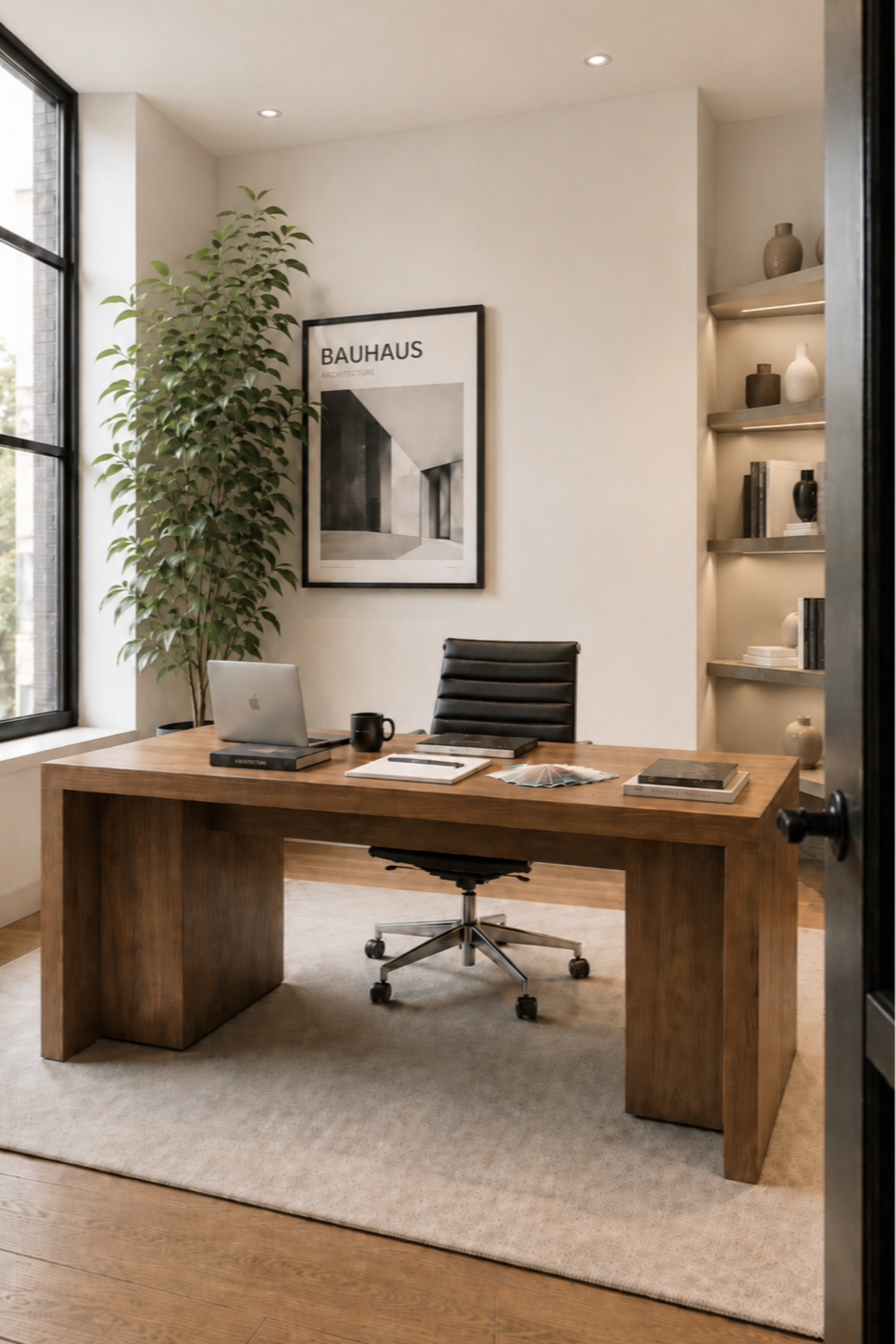 Modern office with wood desk, black leather chair, window, indoor plant, framed Bauhaus art, bookshelf with decor and books, beige rug.