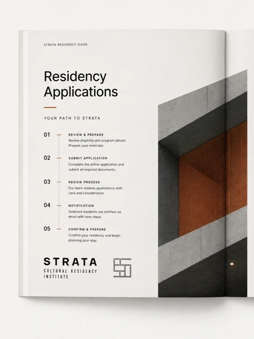 Page from Strata Residency Guide with steps for residency applications, including review, submission, review process, notification, and confirmation, with Strata Cultural Residency Institute logo.