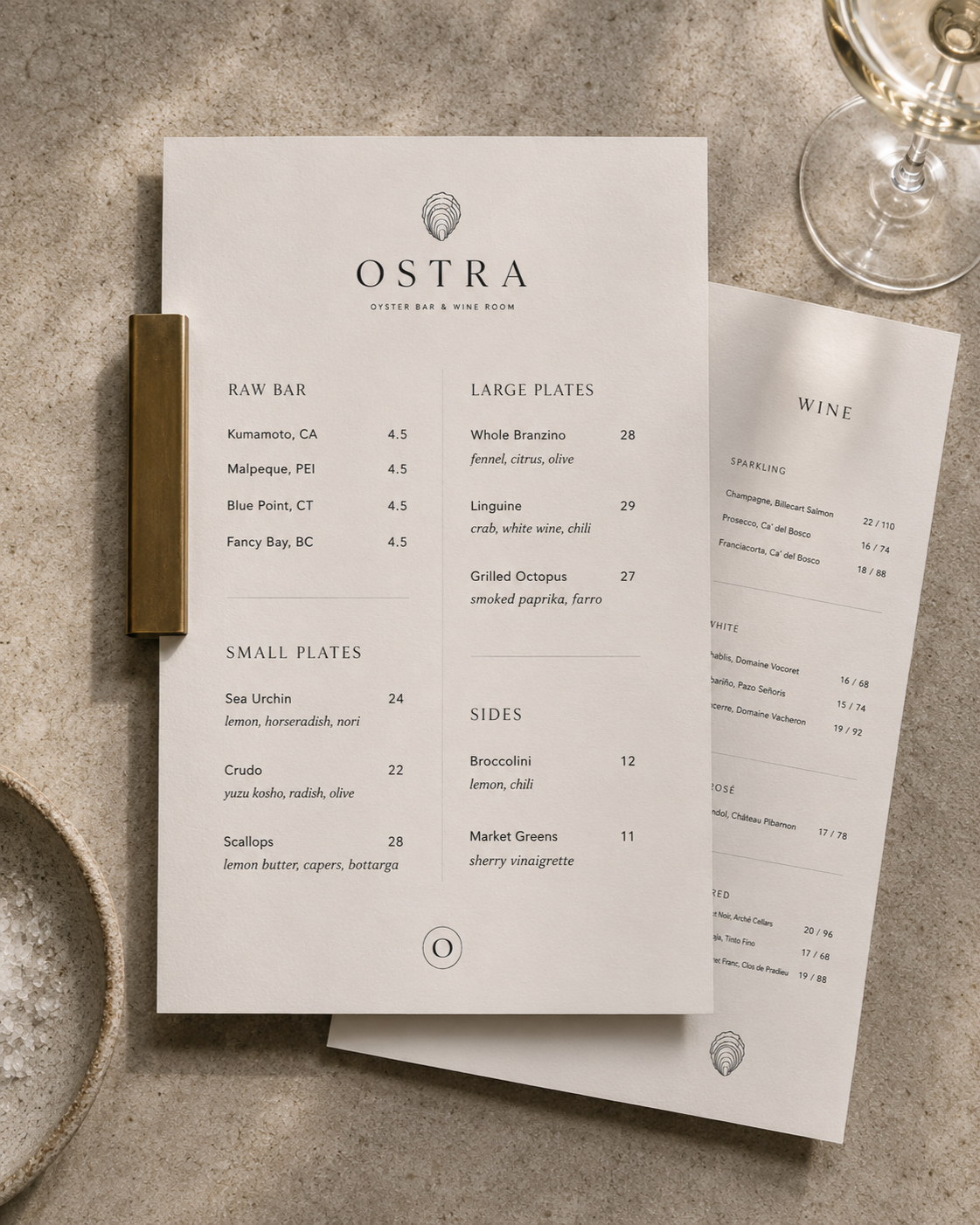 Menu from Ostra Oyster Bar & Wine Room listing raw oysters, large plates, small plates, sides, and wine options on light-colored background.