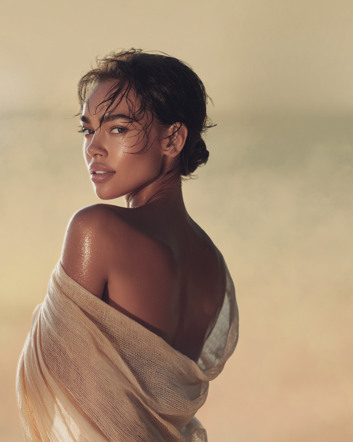 A woman with wet hair, looking over her shoulder, wrapped in a beige cloth, with a blurred neutral background.