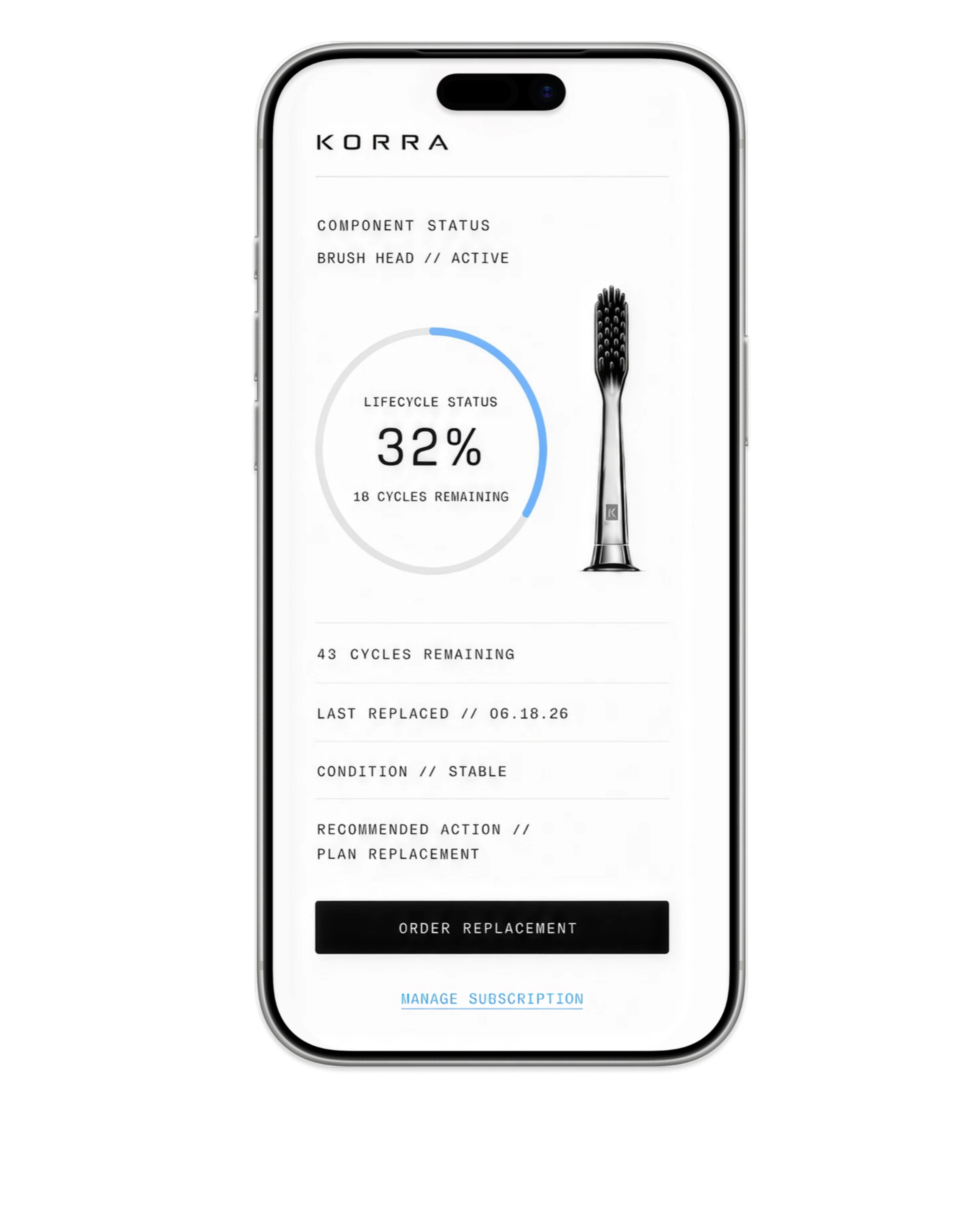 A smartphone screen displays a maintenance or service app for a KORRA device, showing component status, lifecycle status at 32% with 18 cycles remaining, last replaced date June 18, 2026, condition stable, and options for order replacement and manage subscription.