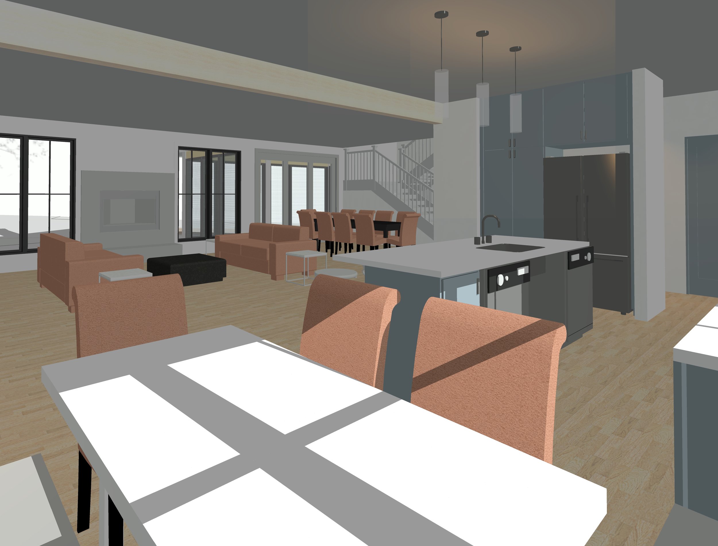 Rendered view of Living and Dining Rooms from the Breakfast Nook