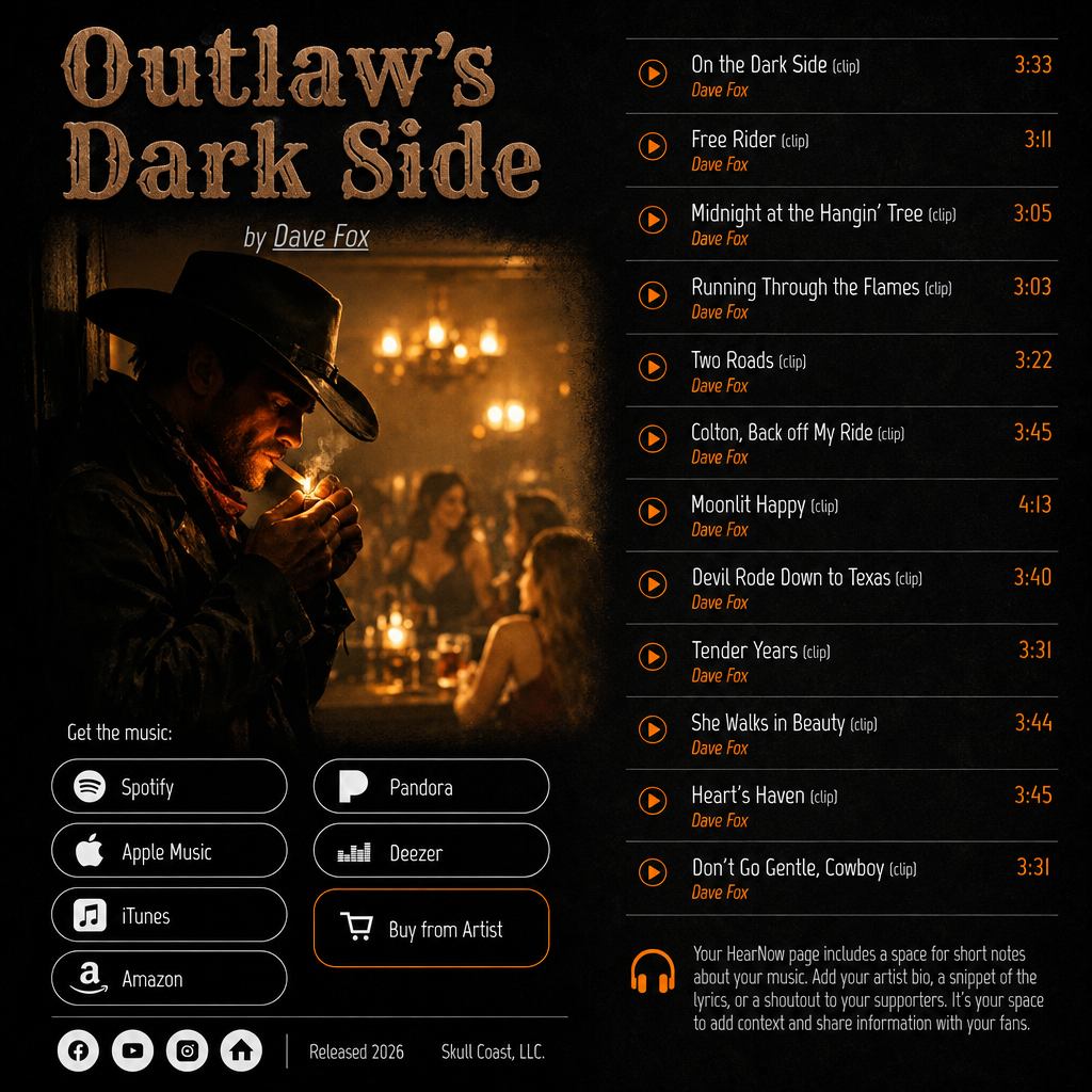 Outlaw's Dark Side album with hit songs "On The Dark Side" and "Midnight at the Hangin' Tree"
