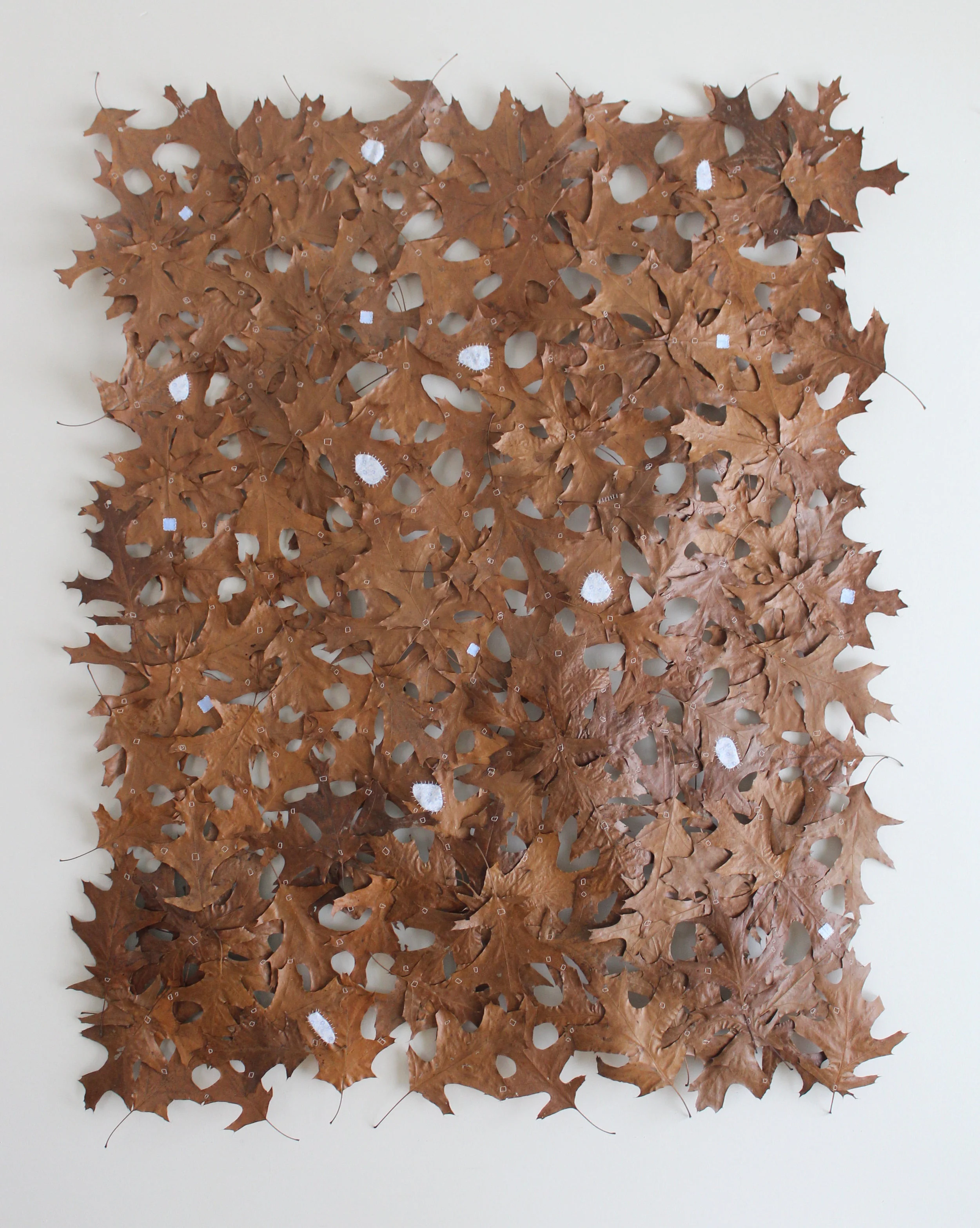 THE WILD AND WONDERFUL MAKE DO, oak leaves, thread, fabric remnants, gesso, oil stain, 48" x 60"