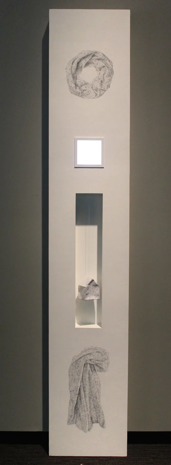 This Transitory Life I (Past), wood, gesso, fabric, thread, video, 84”x15”x4”