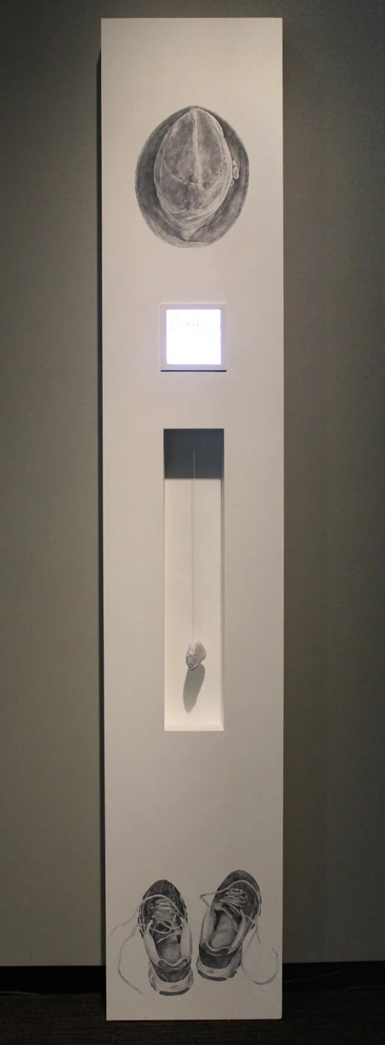 This Transitory Life II (Future), wood, gesso, fabric, stone, thread, video, 84”x15”x4”