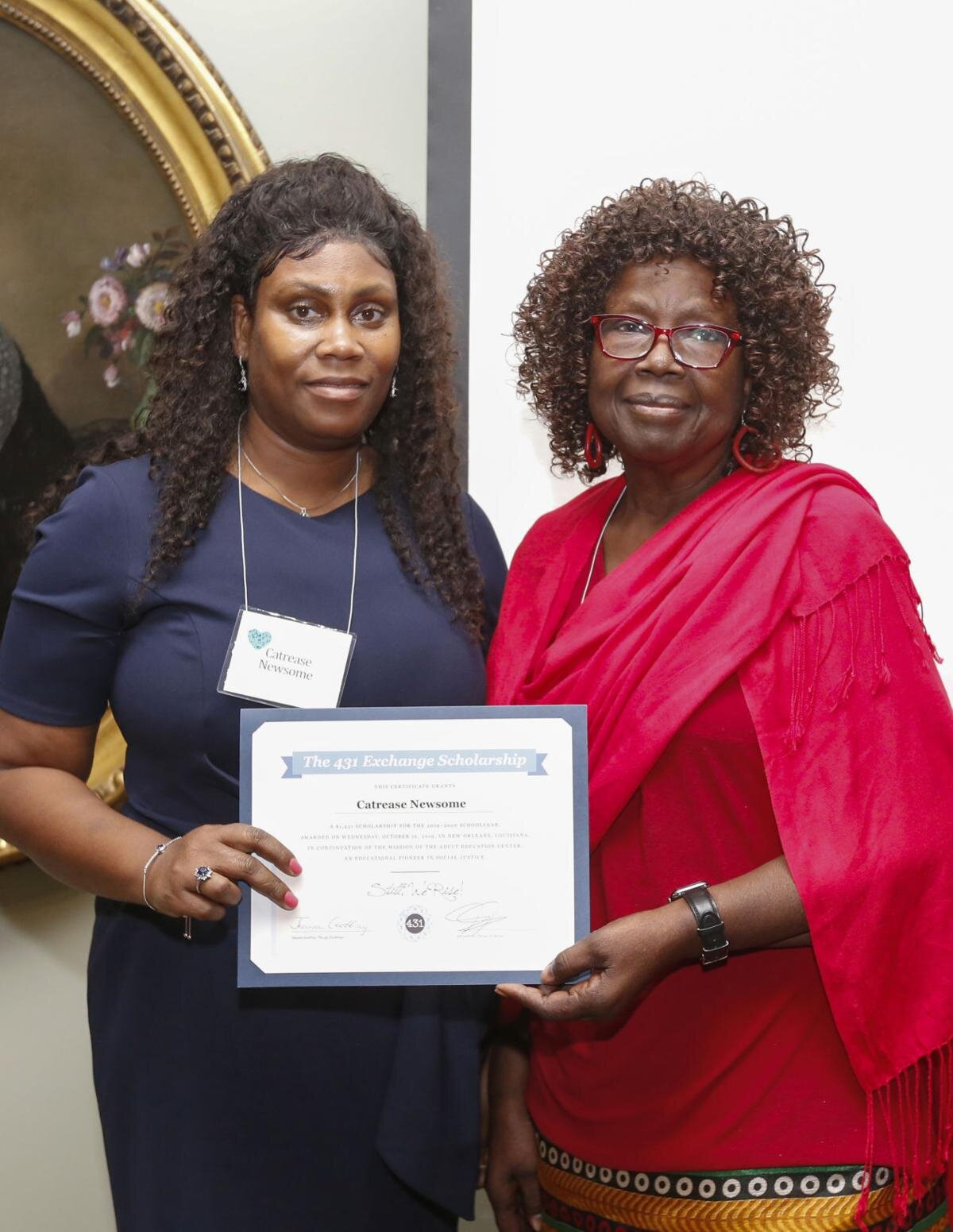 431 Exchange scholarship winner Catrease Newsome, left, with Adult Education Center alumna Hilda Mosley Smith '70. Provided photo by Tyler Kaufman