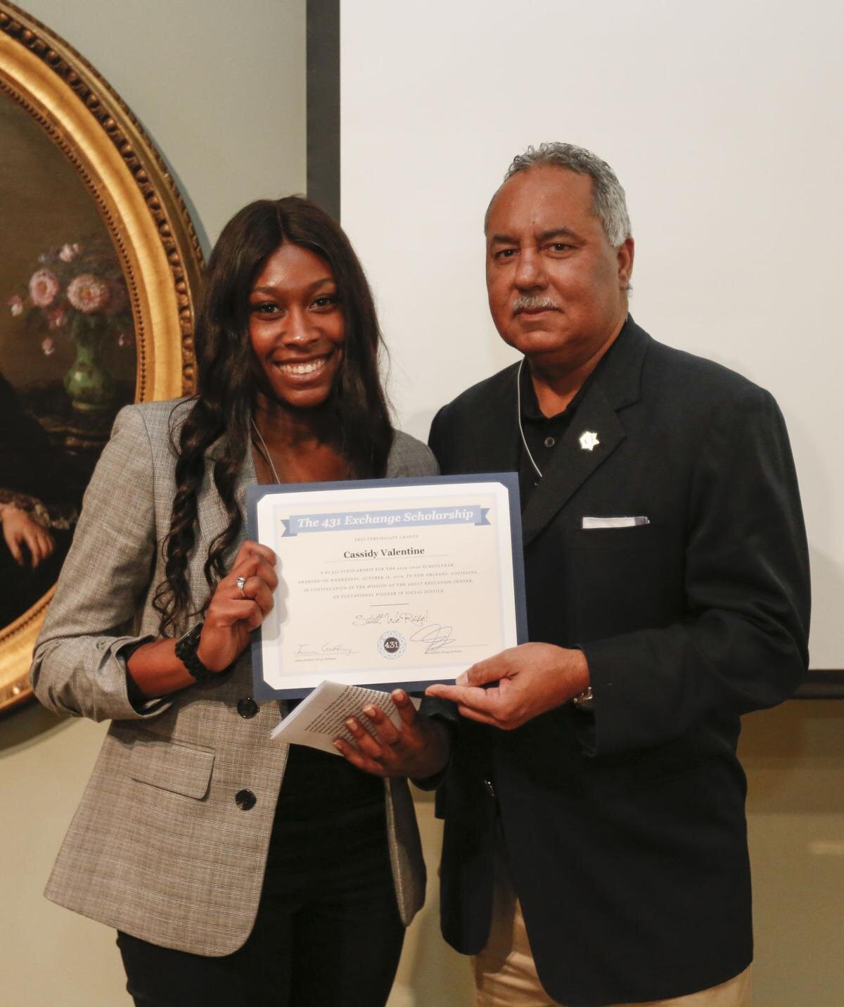 431 Exchange scholarship winner Cassidy Valentine, left, with Orleans Parish Sheriff Marlin Gusman. Provided photo by Tyler Kaufman