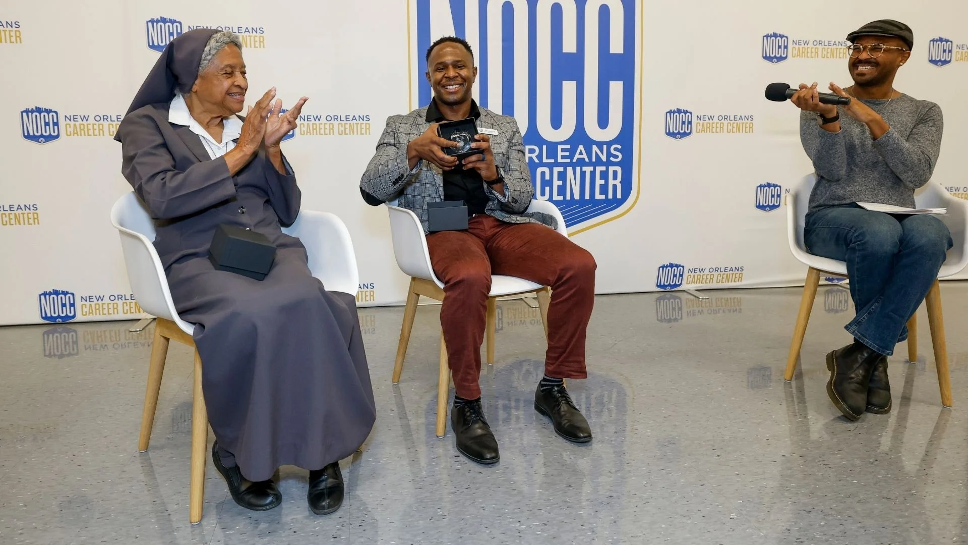 Sister Judith Therese Barial (Honoree), Terrance Payne (Honoree), Ron Orleans (Host)