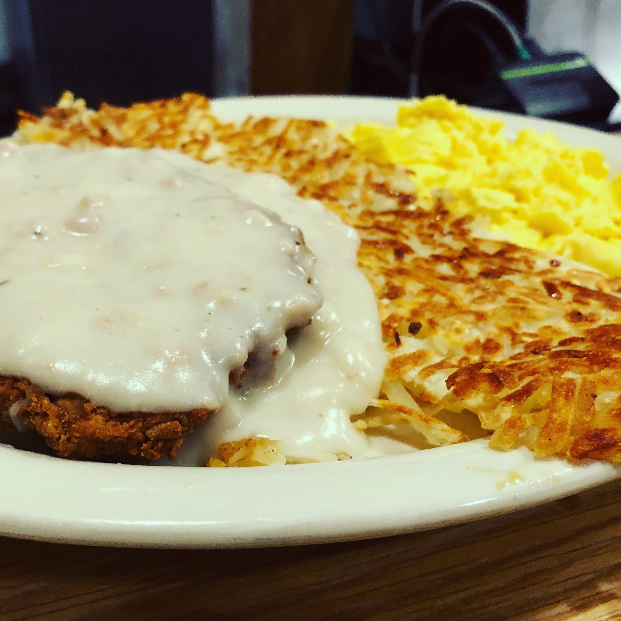 Chicken fried steak, hashbrowns, scrambled eggs