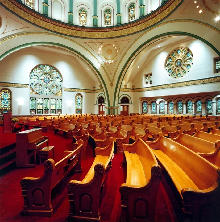The Bellefield Presbyterian Church is a fine example of the robust Richardsonian Romanesque Style circa 1898. It has a handsome curvilinear stone and slate exterior and contains a unique domed Sanctuary flanked by brilliant stained glass windows on three sides. BHA completed a restoration of the interior spaces to allow the inherent beauty of the Sanctuary to become apparent as it once was. Once again, the congregation of the Bellefield Presbyterian Church worships in a vibrant and unique environment.