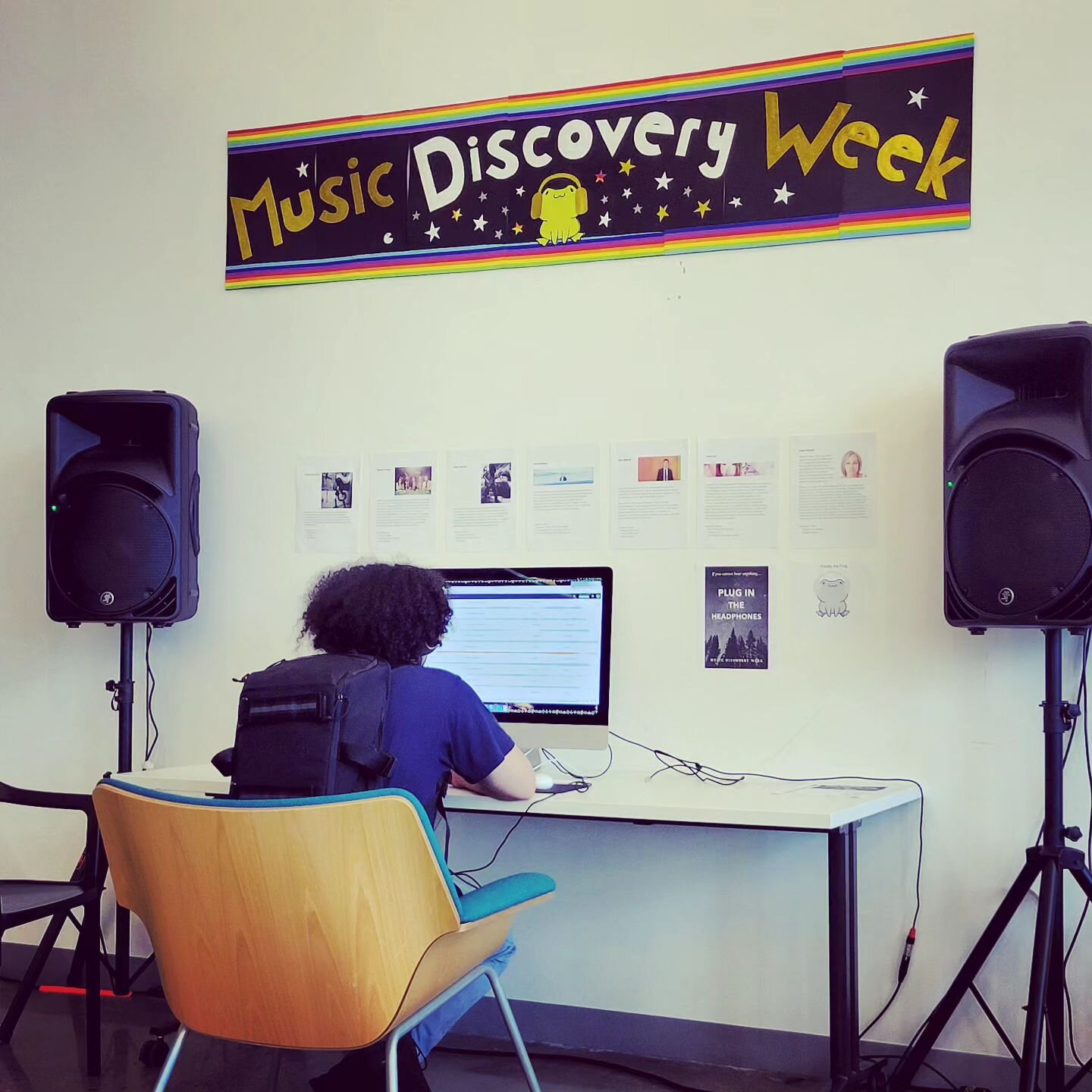 It's Music Discovery Week! I organized this event to show off the talented film composers at my school. This is the super advanced listening station where students can browse the music library and search for sounds for their films.