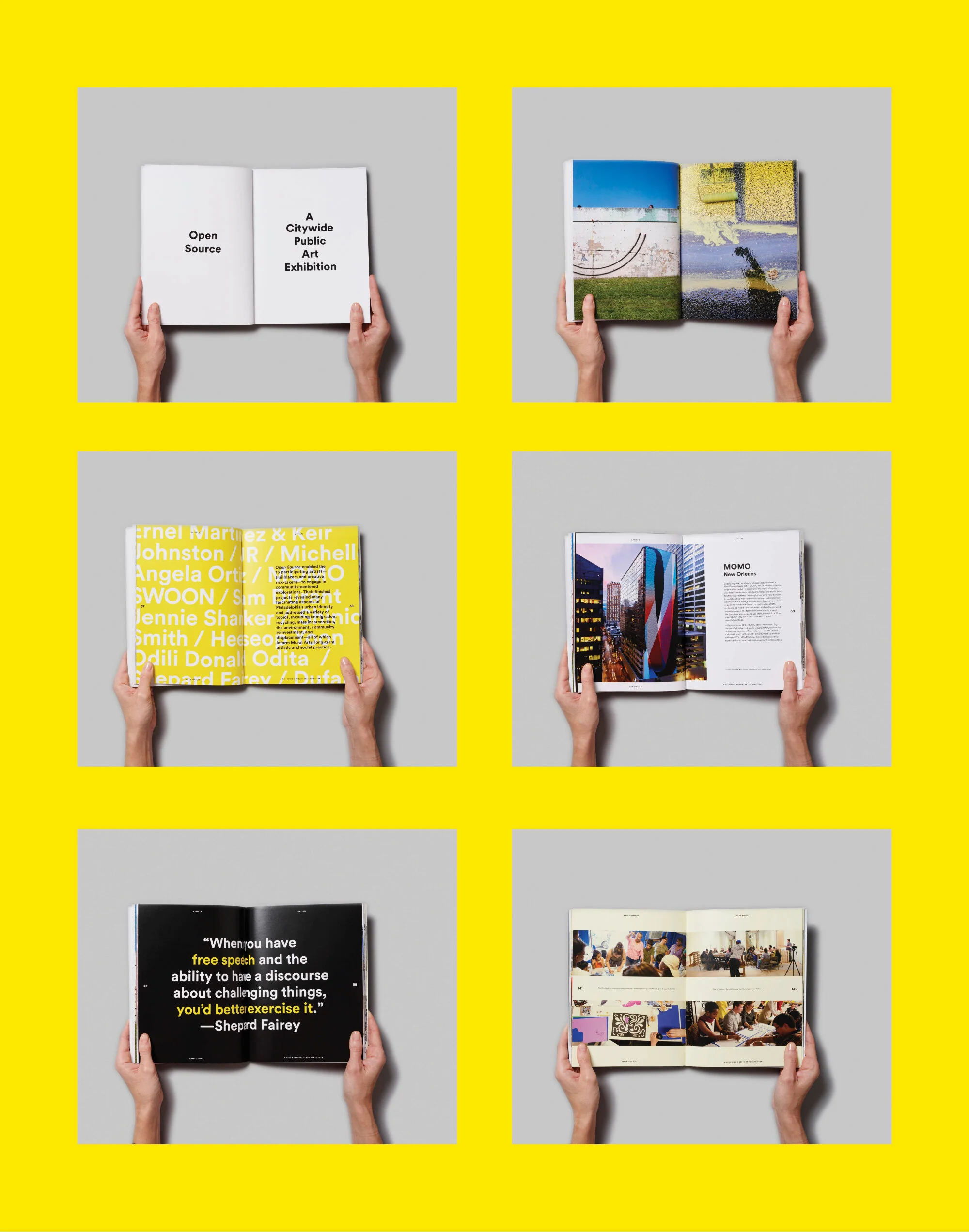 Grid of images on a yellow background. Images show various spreads from the Open Source book, being held open by two hands