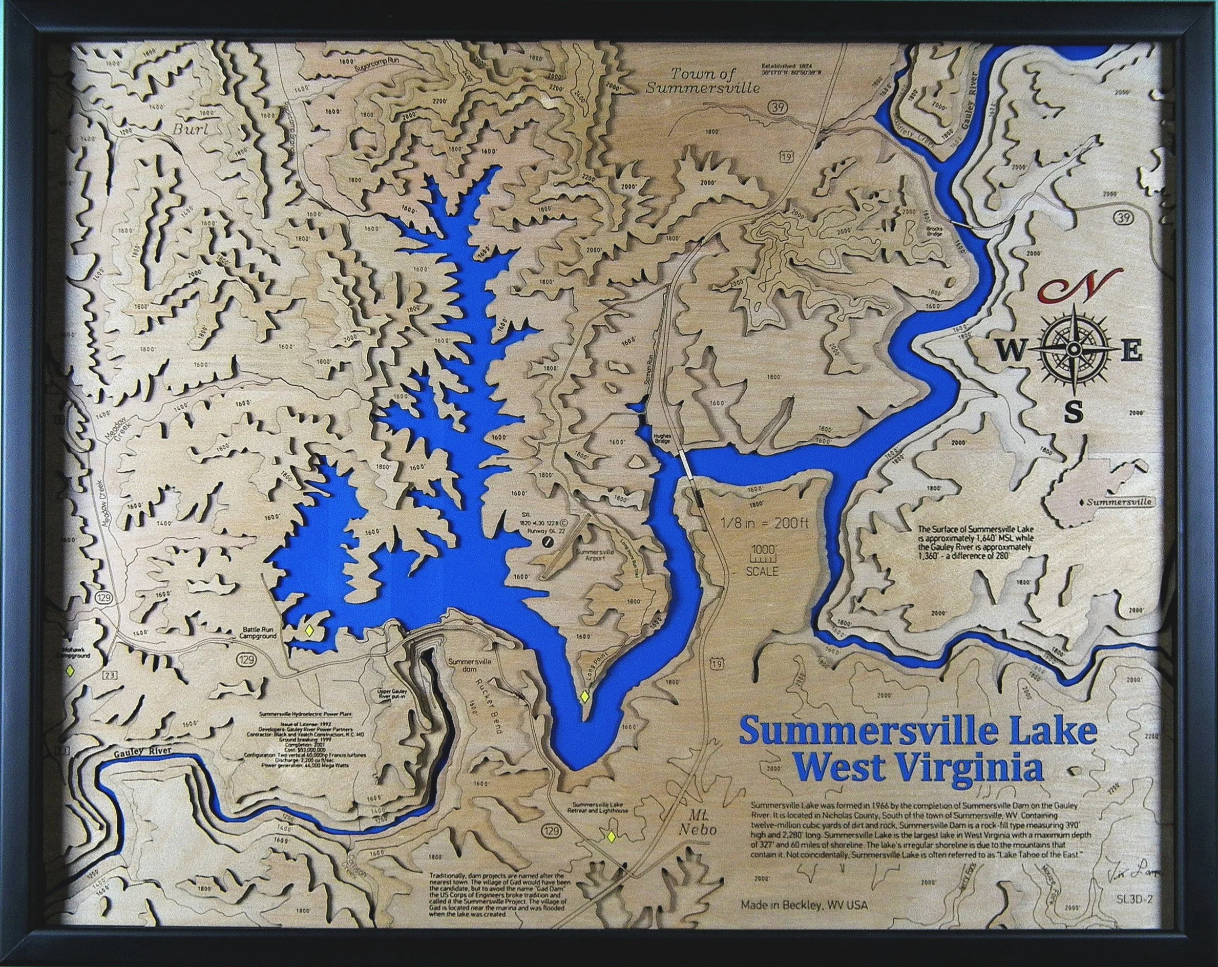  Here’s the second edition of my Summersville Lake 3D map. For this one I treated all the layers with the same coating for an all-natural appearance to the wood. Price: $550.00. 