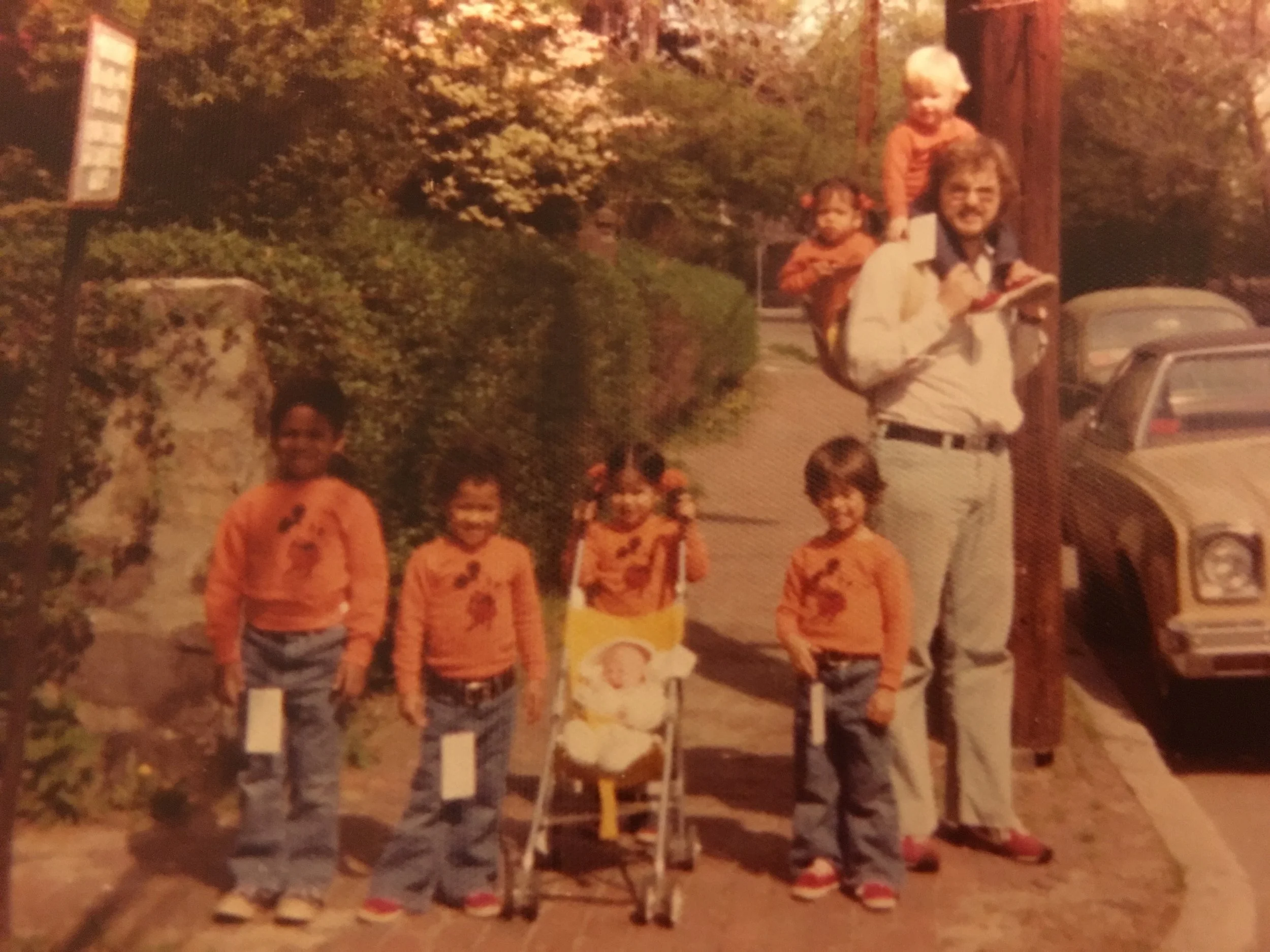7 under 7 ~ circa 1976 Tage, Peik, Kari (pushing Britta), Jens, Dad with Siri & Anika