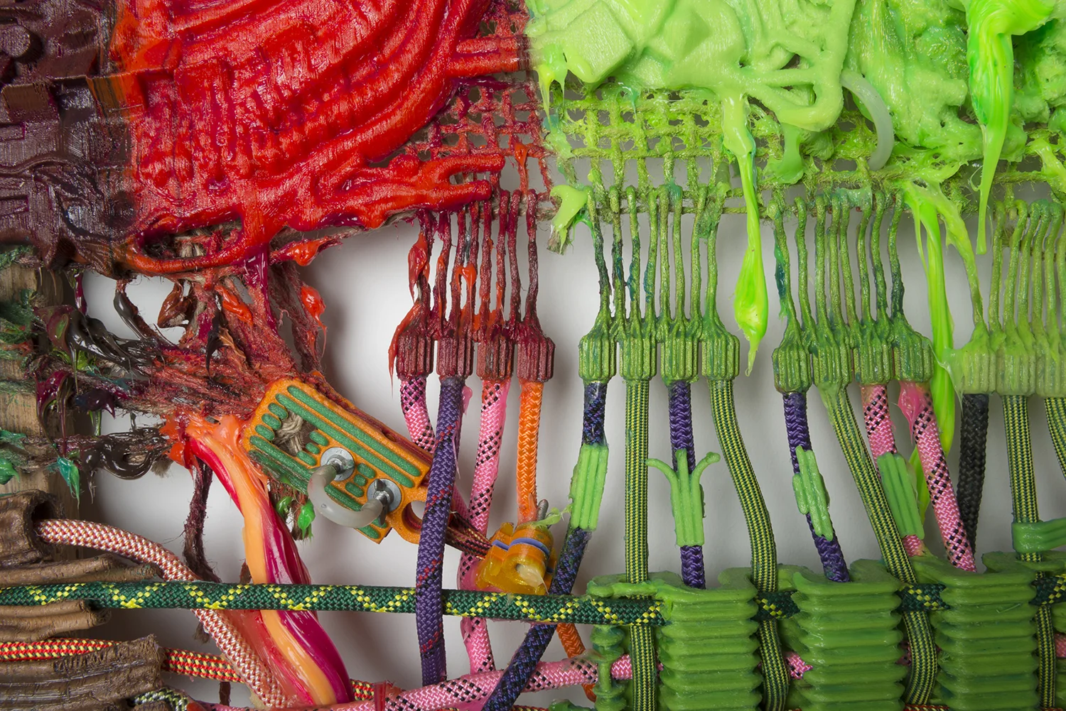 Re-accomodation Abstract Paintant, 2016, (detail) 190.5 x 157.48 x 20.32 cm | 75 x 62 x 8 in Hand woven manilla rope, climbing rope, alkyd paint, silicone, wood, 3d printed plastic