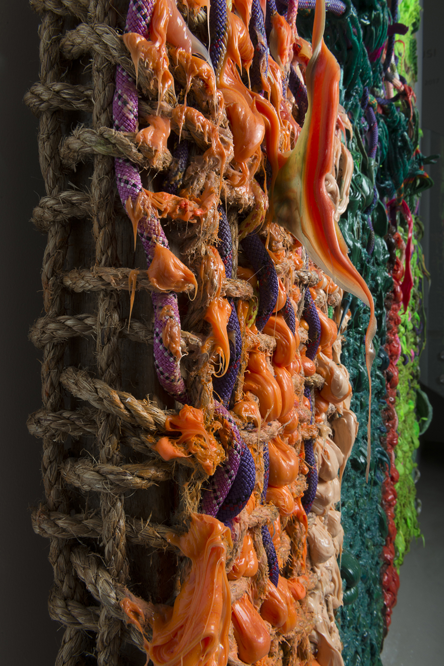  Re-accomodation Abstract Paintant, 2016, (detail)  190.5 x 157.48 x 20.32 cm | 75 x 62 x 8 in  Hand woven manilla rope, climbing rope, alkyd paint, silicone, wood, 3d printed plastic 