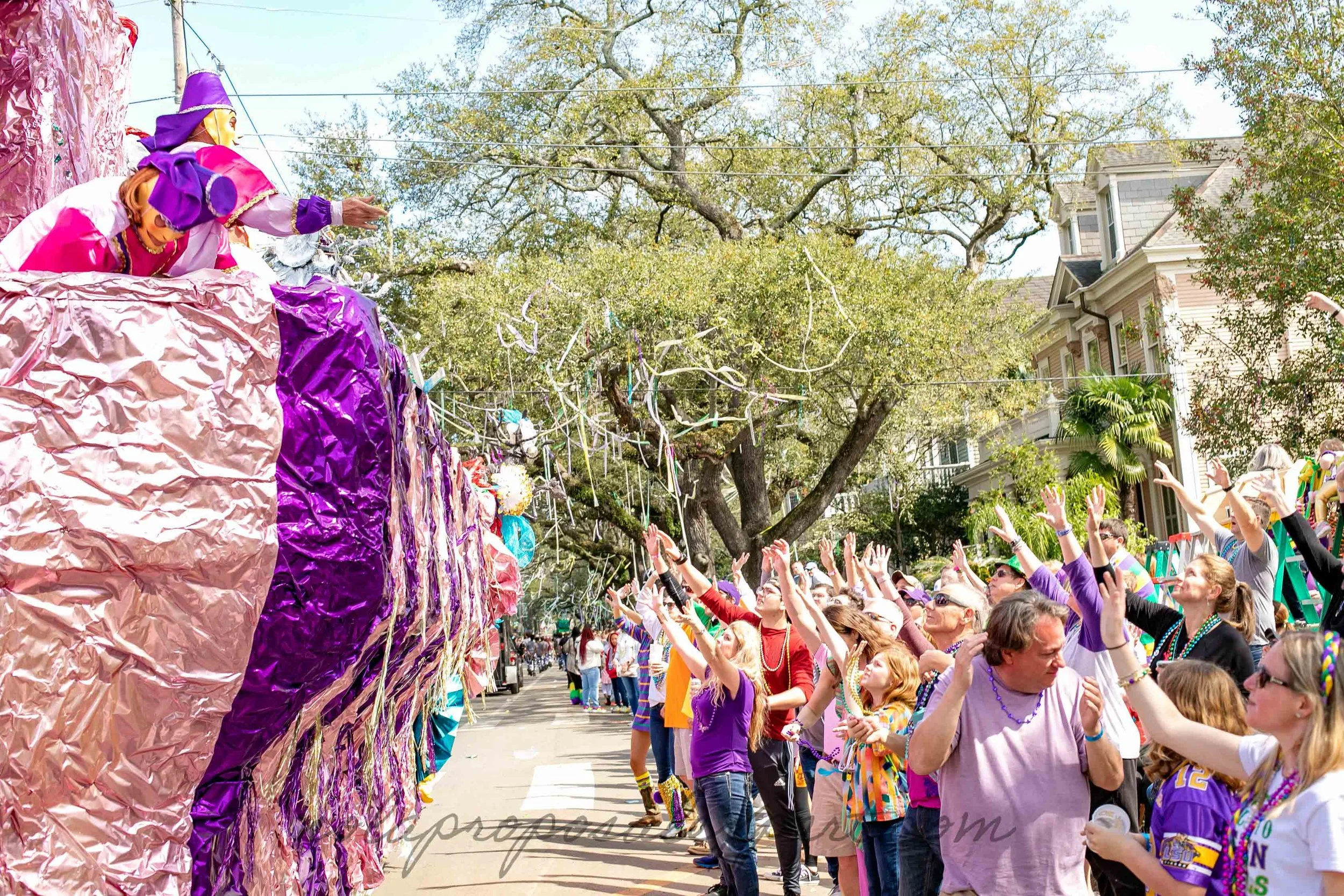A crowd of Mardi Gras revelers reach up to catch  beads being thrown from a passing float on St. Charles Ave in New Orleans.