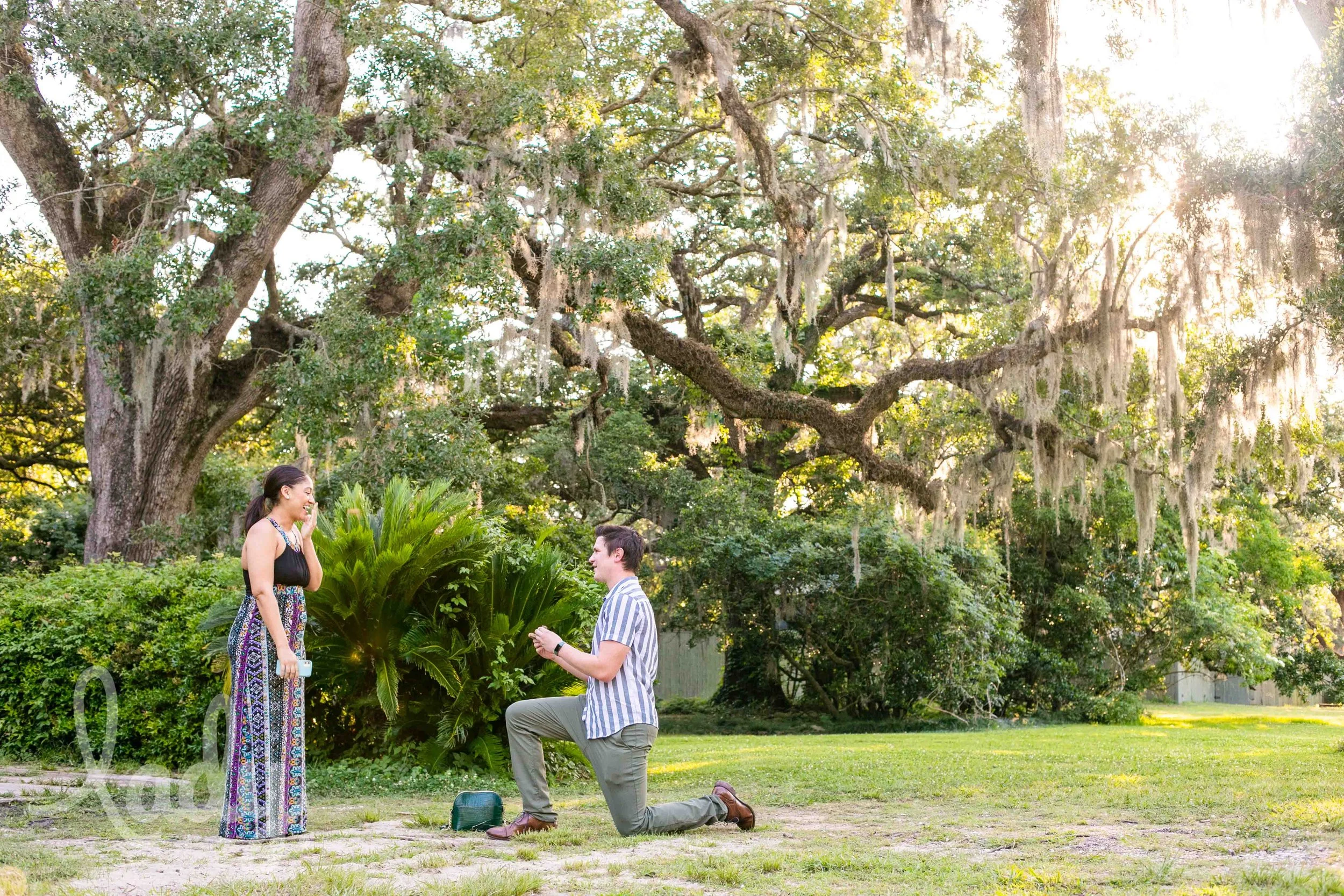 A man is on one knee holding an engagement ring while he asks his girlfriend to marry him. His girlfriend is smiling with one hand over her mouth in shock. In Audubon Park in New Orleans.