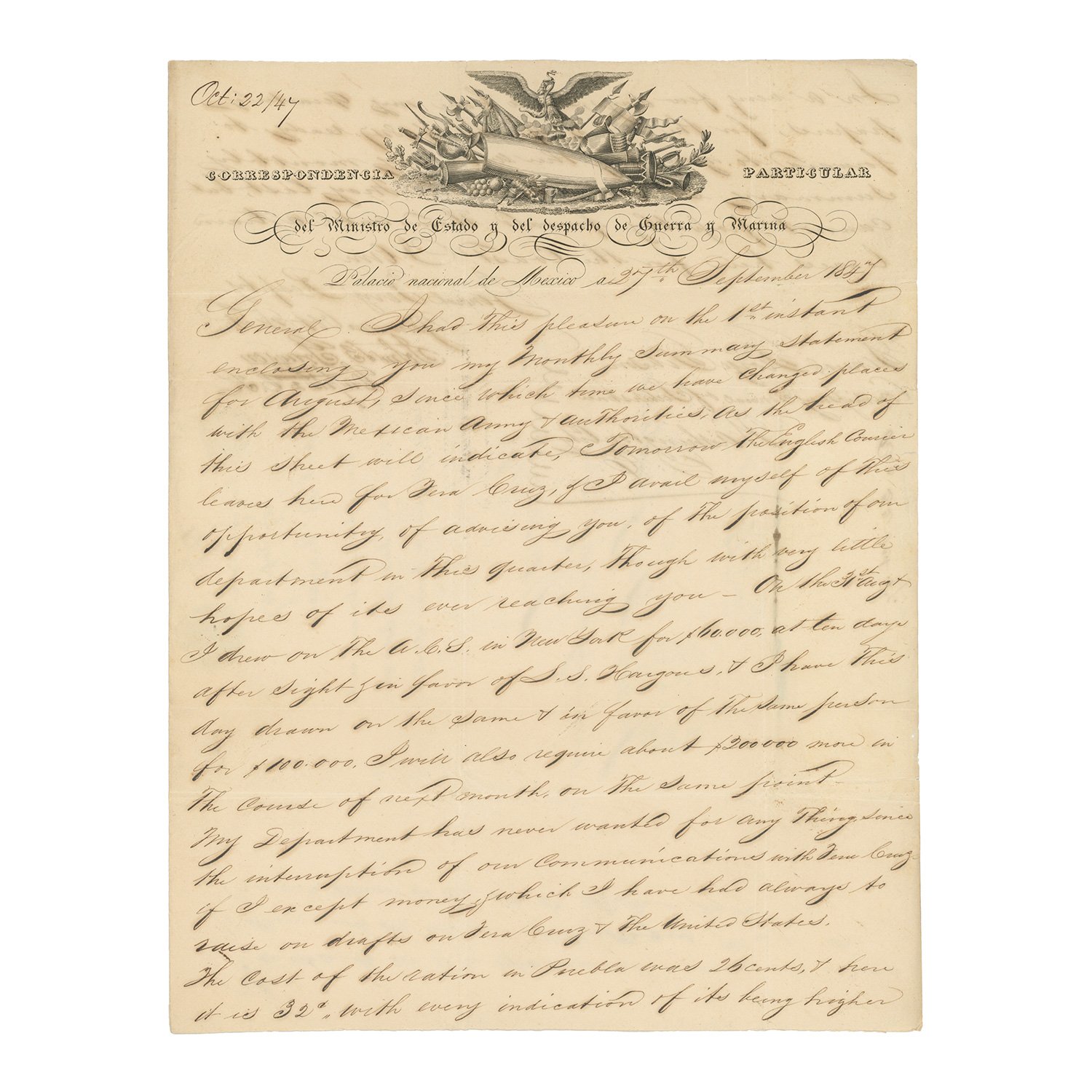 1847 Letter by U.S. Army Captain John B. Grayson, General Scott's Chief Commissariat, Written on Official Mexican Government Letterhead Captured After the Fall of Mexico City