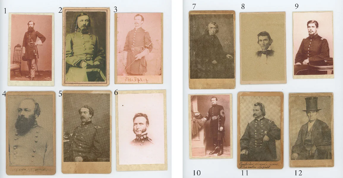 Figure 1. Twelve of the more convincing reproduction CDVs found in the group. Numbers 4, 5, 7, 8, 11, and 12 are examples of reproduction prints applied to thick 1870s and 1880s mounts. Much residue is visible around the edges, but it gives an overall soiled appearance that could trick some buyers. Images are grainy, with the dot matrix pattern clearly visible with a loupe. Numbers 1, 3, 6, 9, and 10 utilize a higher-quality printing process, with a semiglossy print applied to a glossy photoreproduction of an authentic mount with backmark. Neither the print nor the mount feel right in the hand, but in a photograph it could be convincing for novice buyers. Number 2 is somewhat of a hybrid, with a glossy print applied to a thin reproduction mount and an "official" embossed CSA seal.
