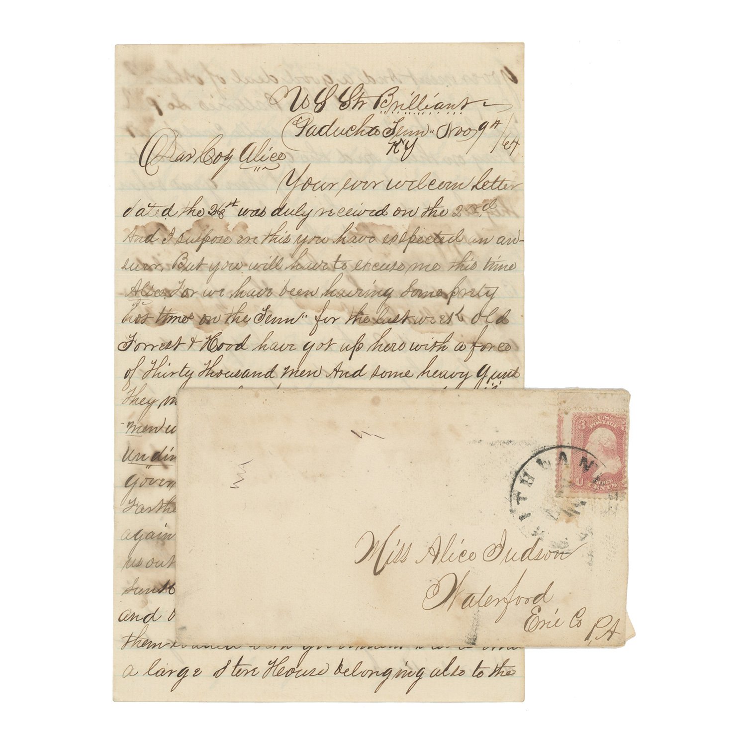 1864 Letter by Seaman Timothy M. Judson of Gunboat U.S.S. Brilliant — Fighting Against Nathan Bedford Forrest at Battle of Johnsonville — 1864 Presidential Election
