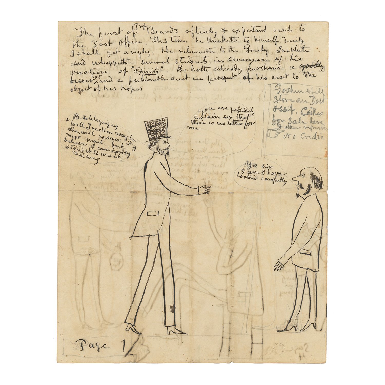 Rare Illustrated Humorous Manuscript on Courtship by Mail — Four-Page Original Cartoon Story, Goshen Hill, South Carolina, c. 1860
