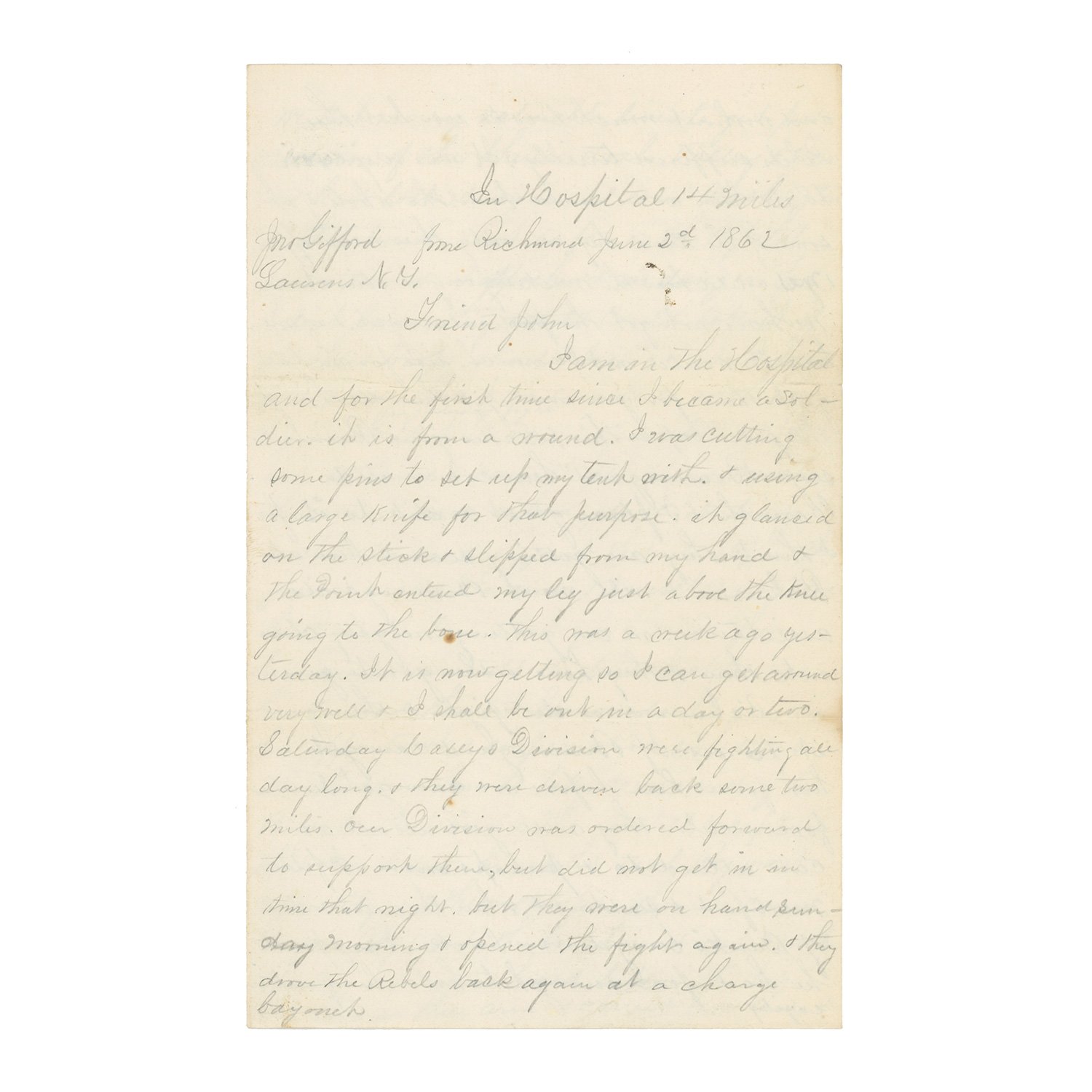 1862 Letter by Sergeant Charles S. Cockett, 70th New York, Excelsior Brigade — Battle of Fair Oaks — Battle of Williamsburg — Celebrating the Return of General Daniel Sickles