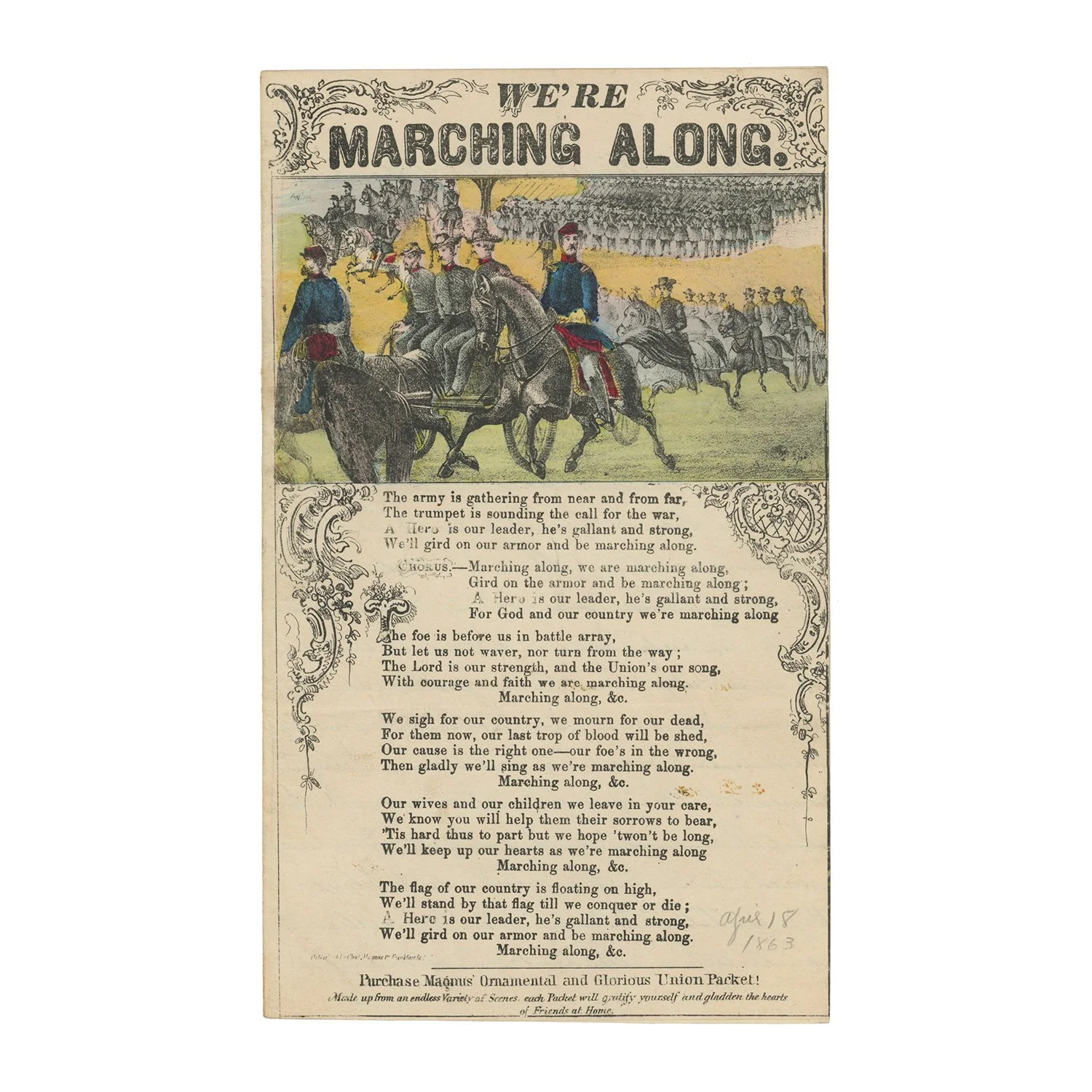 1863 Union Soldier's Letter  — Days Before Chancellorsville —  “They say the Rebs are trying to get into Maryland again, but I hope it is not true" — Written on Magnus "Marching Along" Songsheet