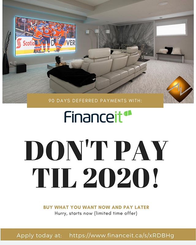 Buy Now, Pay Later! 
https://www.financeit.ca/s/cRDBHg 
#avworksyeg #smarthome #homeautomation #mountedtv #ledlights #hiddeninwallspeakers #yegsmallbusiness #updates #hometheatre #buynowpaylater #financeit #nopaymentstil2020