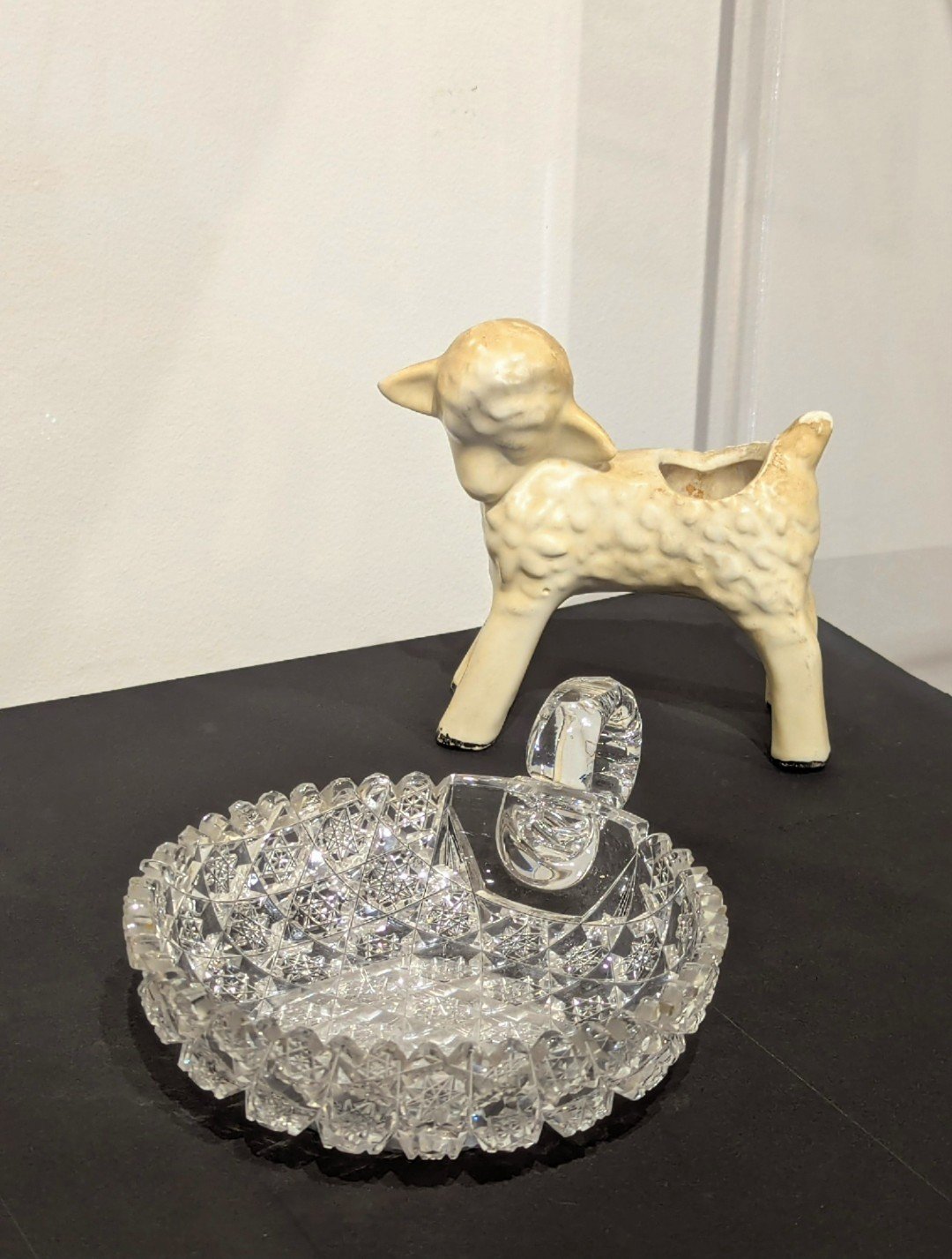  DAZZLING ONE HANDLED HAND-CUT LEAD CRYSTAL BERRY BOWL American Brilliant period, 1890, unspecified maker with Persian &amp; Russian decorative motifs  LAMBY Nelson McCoy Pottery No. F51 Lamb planter, ceramic, 1950s, containing an original stick of W
