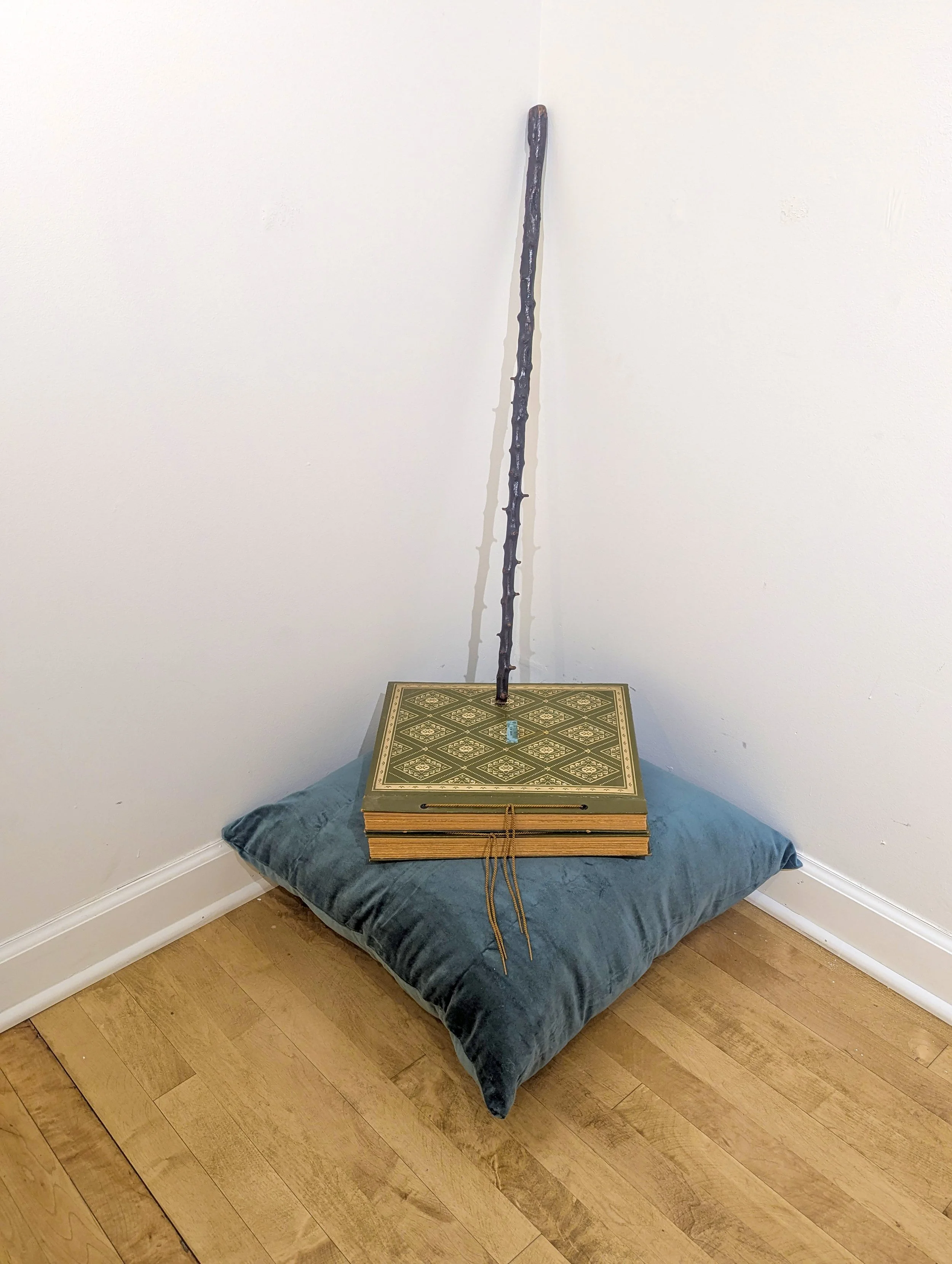  PATSY O'HEARN Shillelagh (Irish cane), 19th century, wood, Ireland, balanced upon two scrapbooks Harlow lovingly maintained documenting his wife, Patricia O'Hearn's successful acting career in NYC, resting upon a large pillow  2026, Dimensions vary 