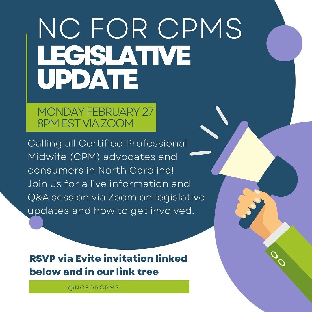 NCACPM and NC for CPMs are hosting a Zoom Call on Monday, February 27th at 8pm

This is an opportunity for advocates, supporters and consumers of Community Midwifery to get up to speed on the work that has been done and what THEY can do moving forwar