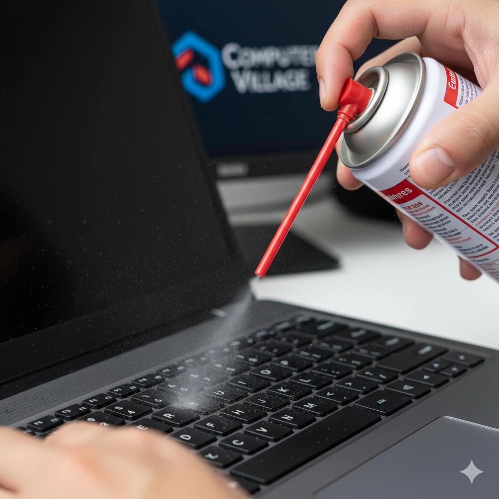 A close-up of a Computer Village technician's hands in blue gloves, using precision tweezers to repair the internal components of a disassembled laptop, with the keyboard assembly visible on the workbench.