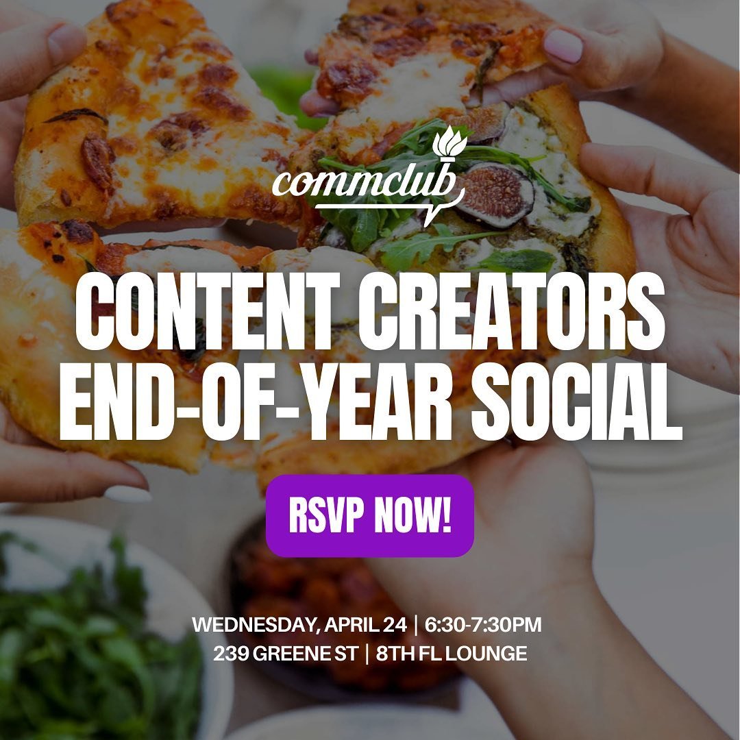 Calling All Content Creators and Friends!

Join us for a fun social mixer hosted by the VPs of Editorial and E-Board from CommClub. This is a perfect chance to connect with fellow creators and celebrate all your hard work and achievements over the pa