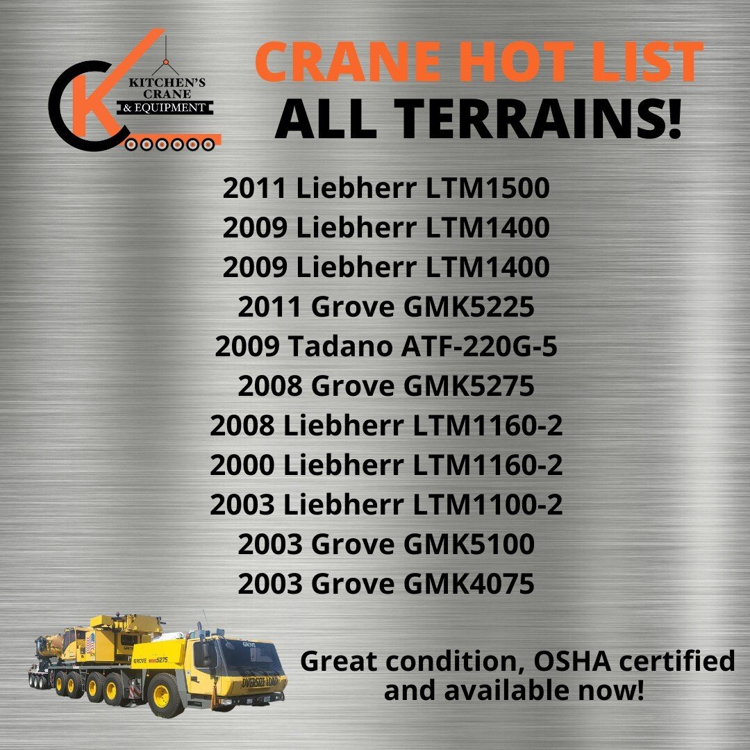 Need All Terrain Cranes? Here's a great selection - all units are well-maintained with maintenance records and ready to work. Check our website for crawlers, rough terrain, boom trucks, and a variety of equipment! #kitchenscrane #heavylifthub #craneh