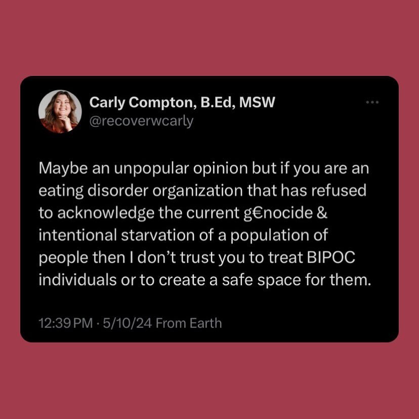 Doesn&rsquo;t feel safe to me 🤷🏻&zwj;♀️

Ignoring the intentional starvation of an entire population supported by and funded by the U.S. is unethical. If you are going to advocate for intersectional ED care &amp; claim to care about BIPOC individua