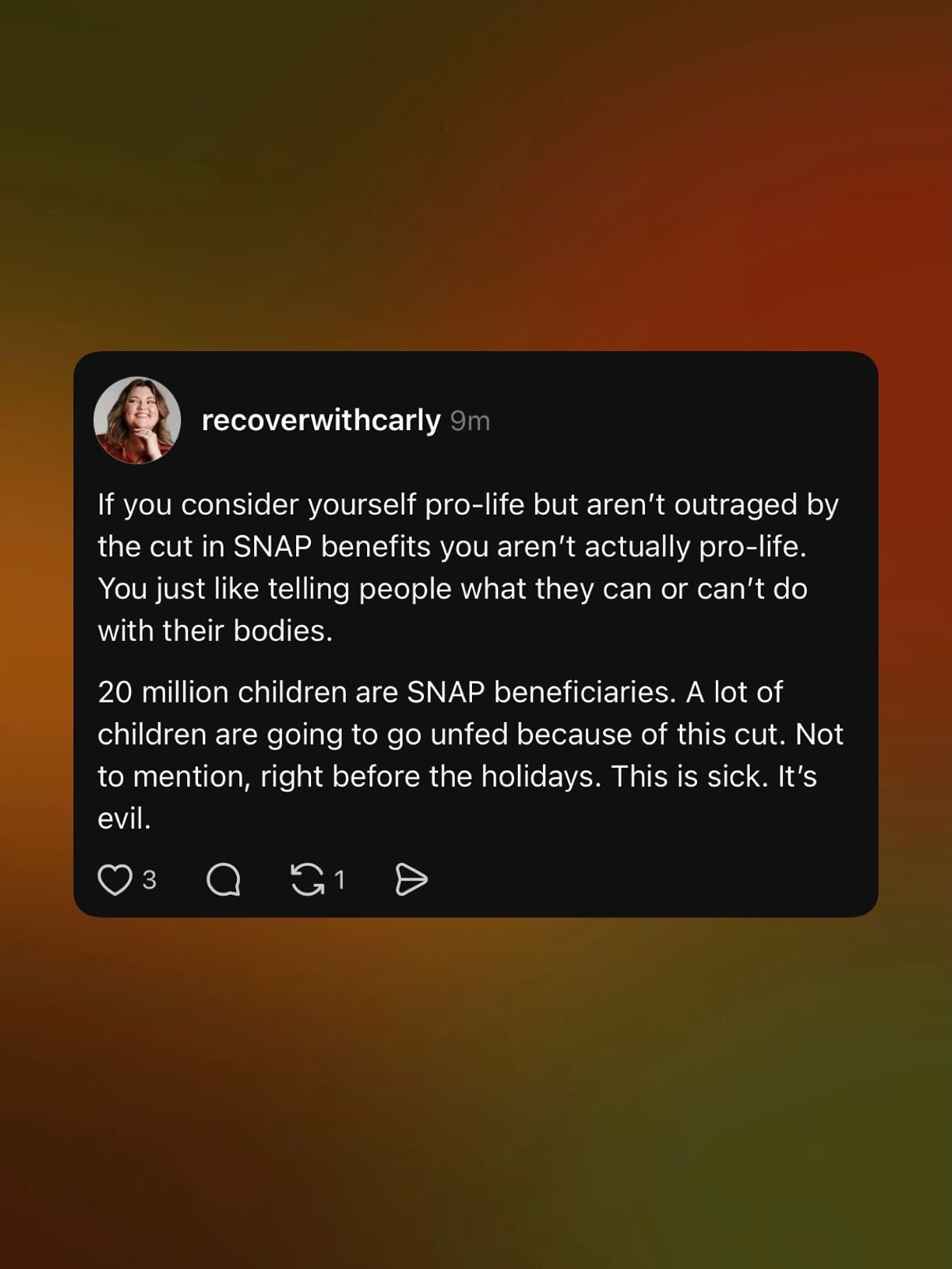 You should care. You should be concerned. You should be outraged. 

Over 41 million people receive SNAP benefits to feed themselves and their families. Those benefits will soon be unavailable and those families will not be able to feed their families