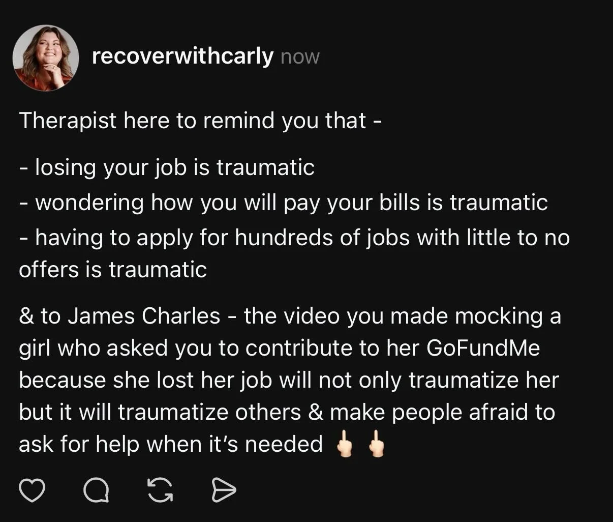 Why are we still giving people like James Charles a platform? Has he not caused enough damage?!

This is your reminder that asking for help IS VALID!!! &amp; losing your job unexpectedly is traumatic &amp; scary!